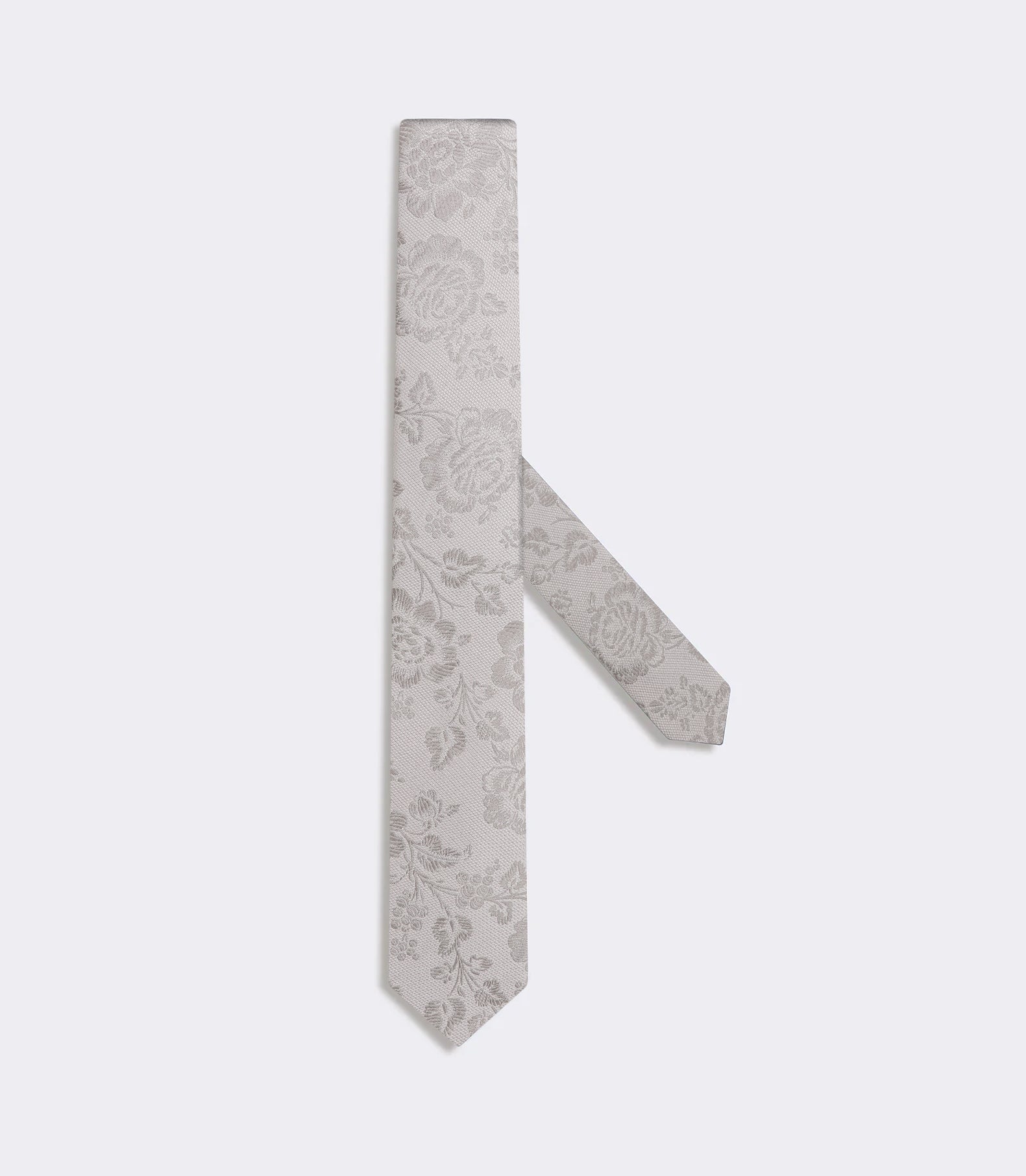 Gravata Slim Masculina em Seda Jacquard Floral Prata