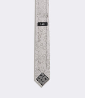 Gravata Slim Masculina em Seda Jacquard Floral Prata thumbnail 2