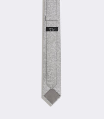 Gravata Slim Masculina em Seda Jacquard Folhagens Prata thumbnail 2