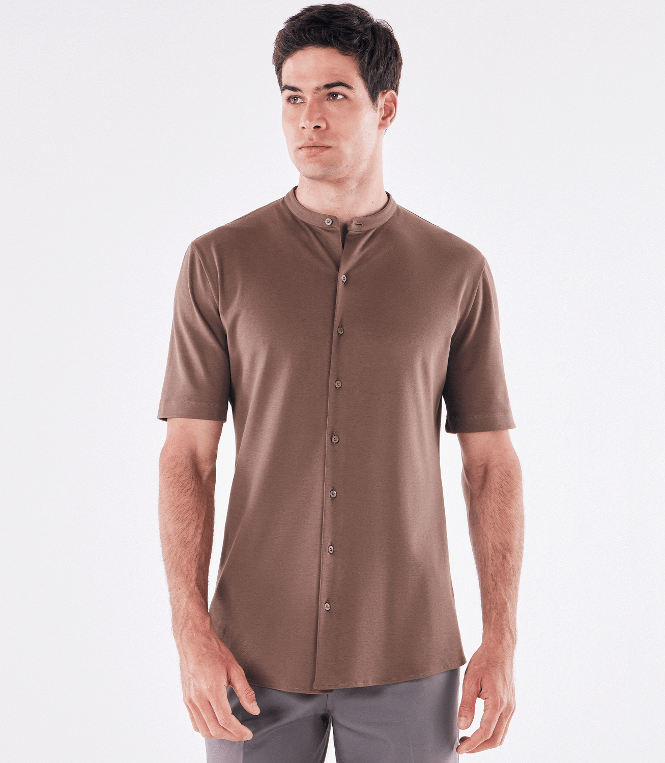 Camisa Manga Curta Gola Mao de Malha Homemeeting Marrom – slide 1