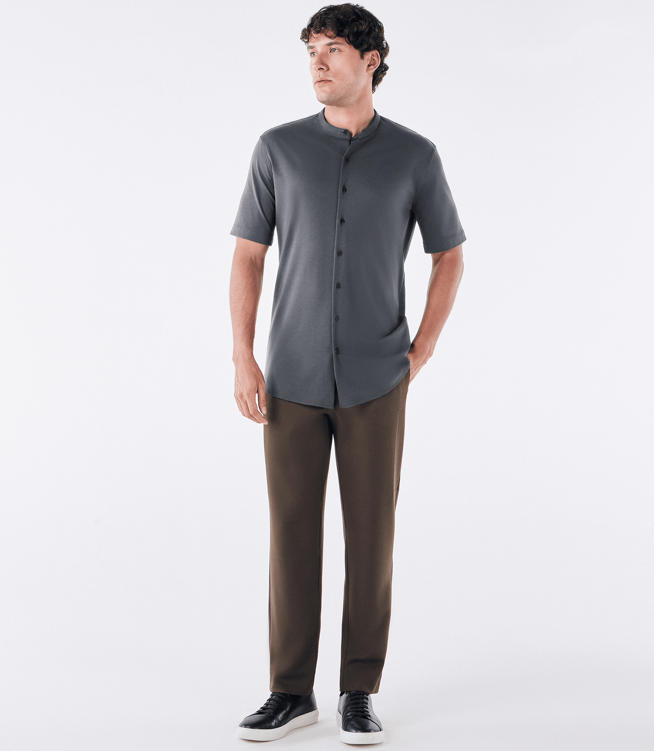 Camisa Manga Curta Gola Mao de Malha Homemeeting Cinza – slide 2
