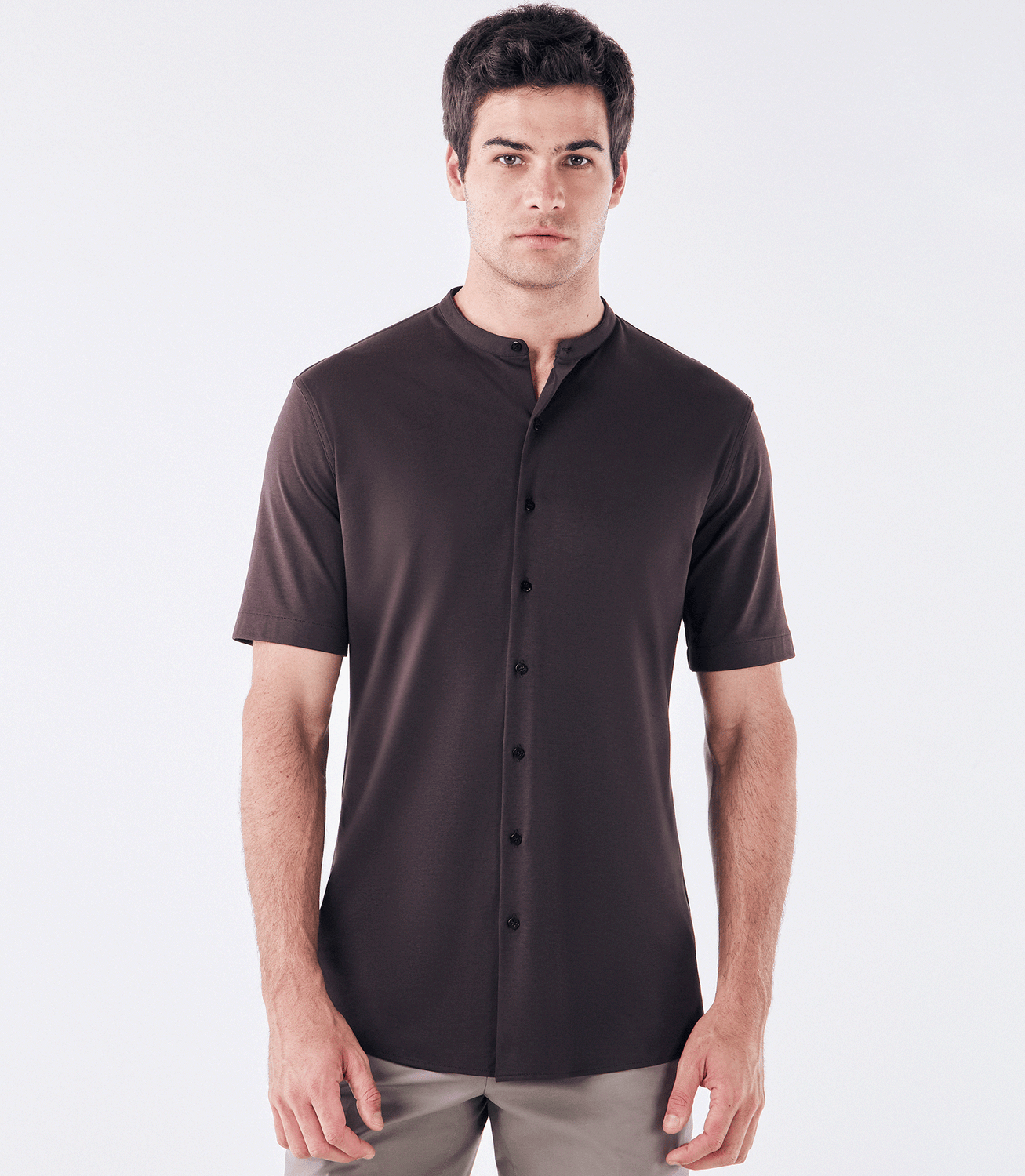 Camisa Manga Curta Gola Mao de Malha Homemeeting Marrom – slide 1