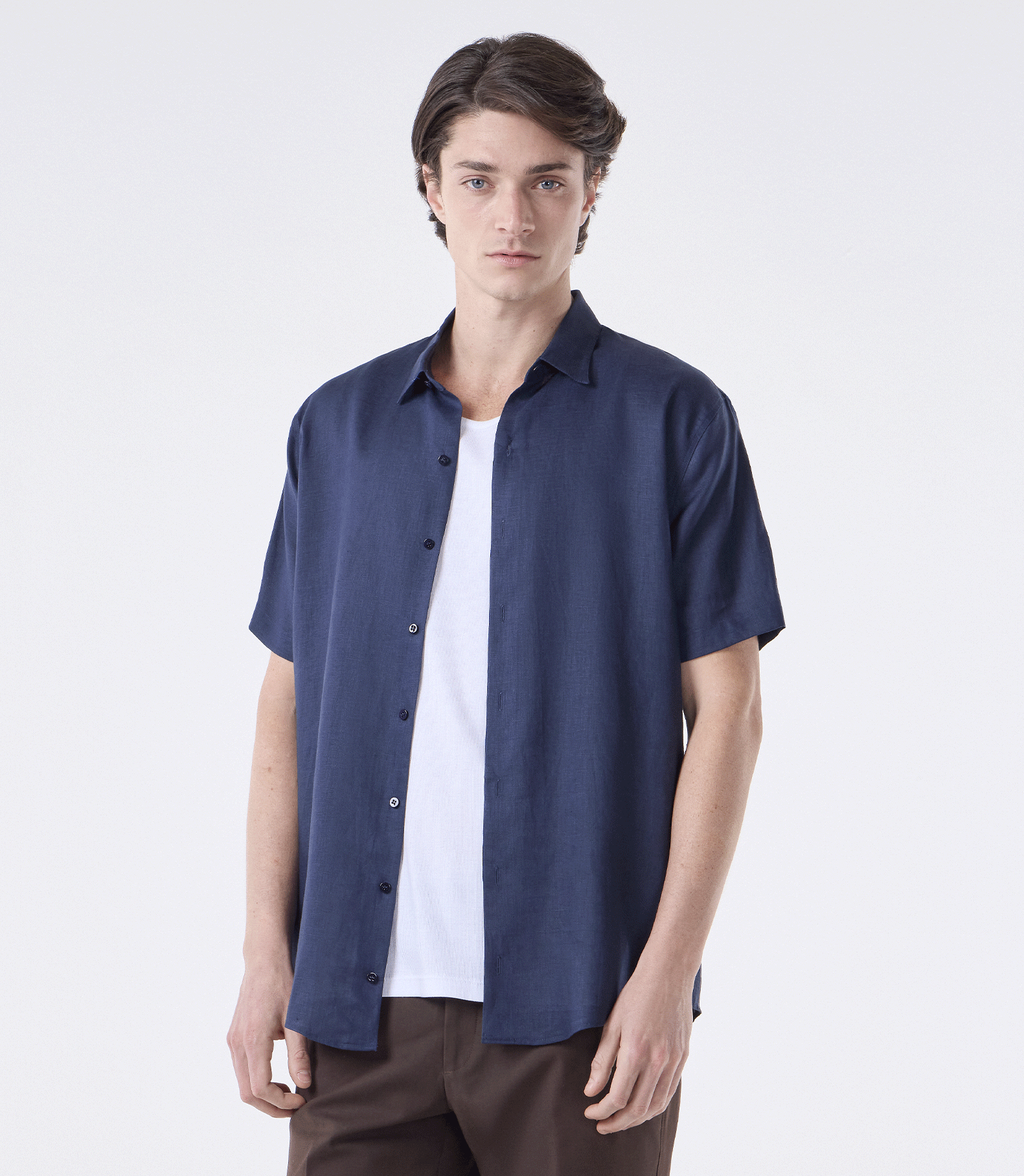 Camisa de Linho Básica Manga Curta Azul