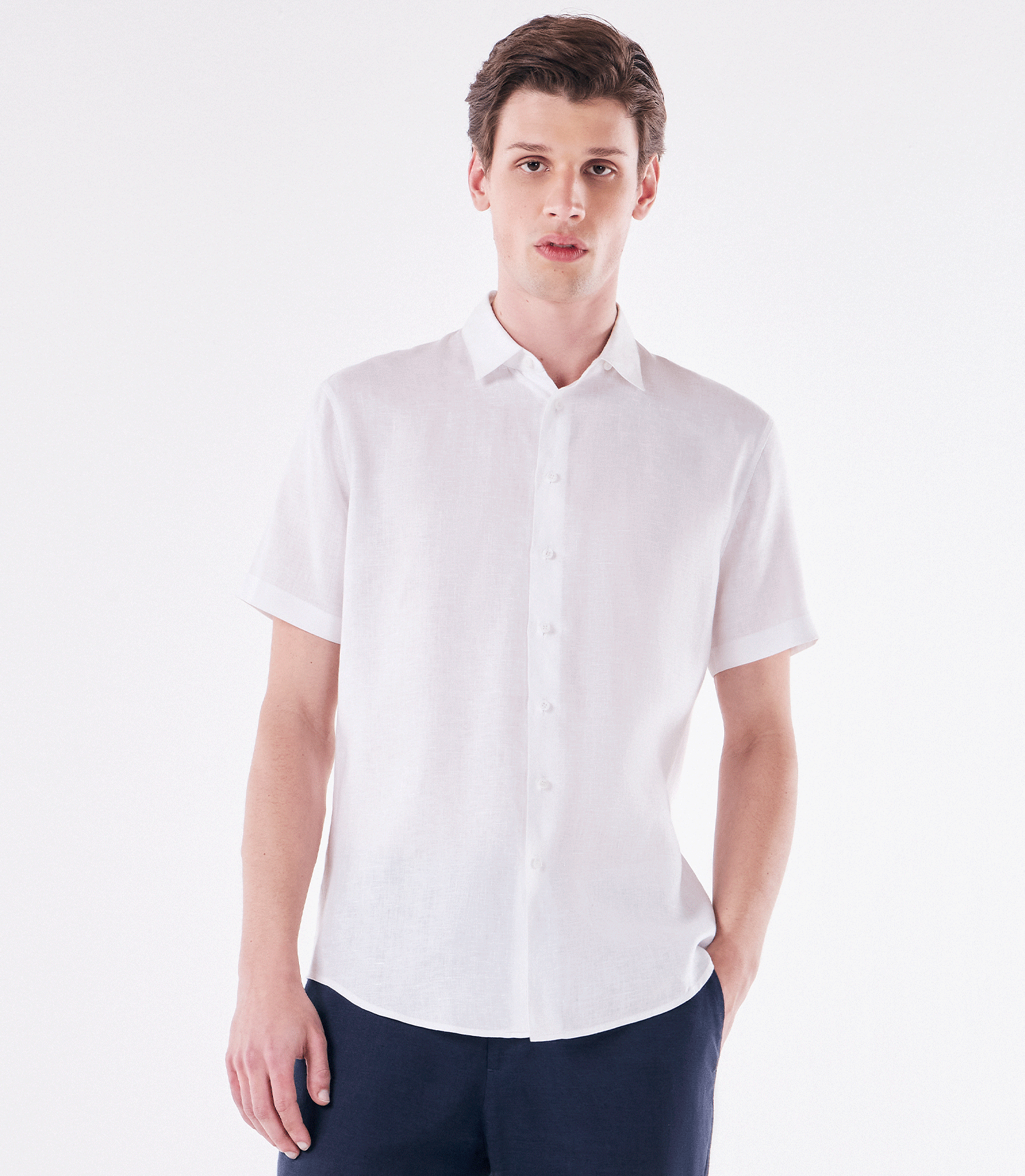 Camisa de Linho Básica Manga Curta Branco