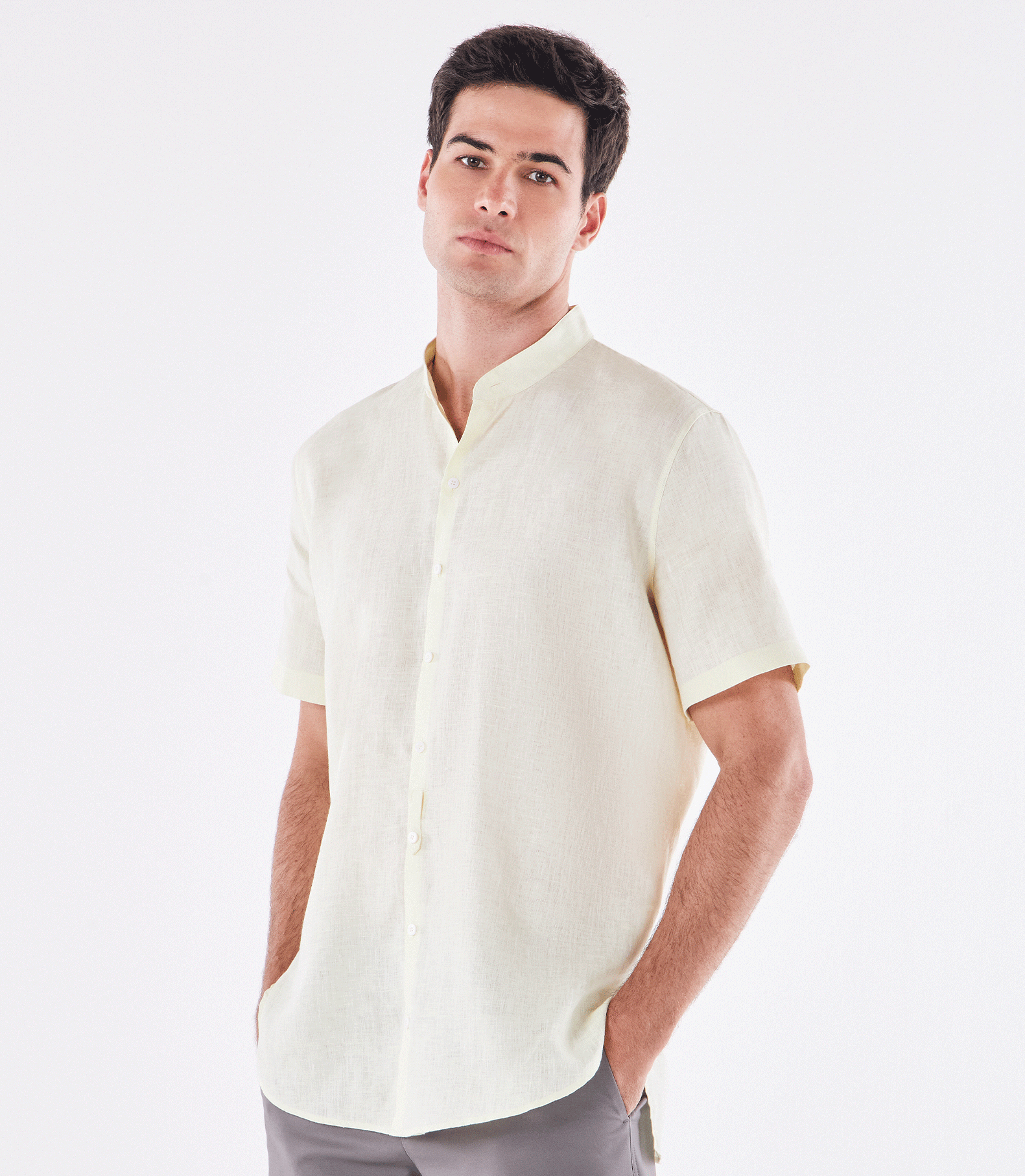 Camisa de Linho Fio Tinto Gola Mao Manga Curta Amarelo