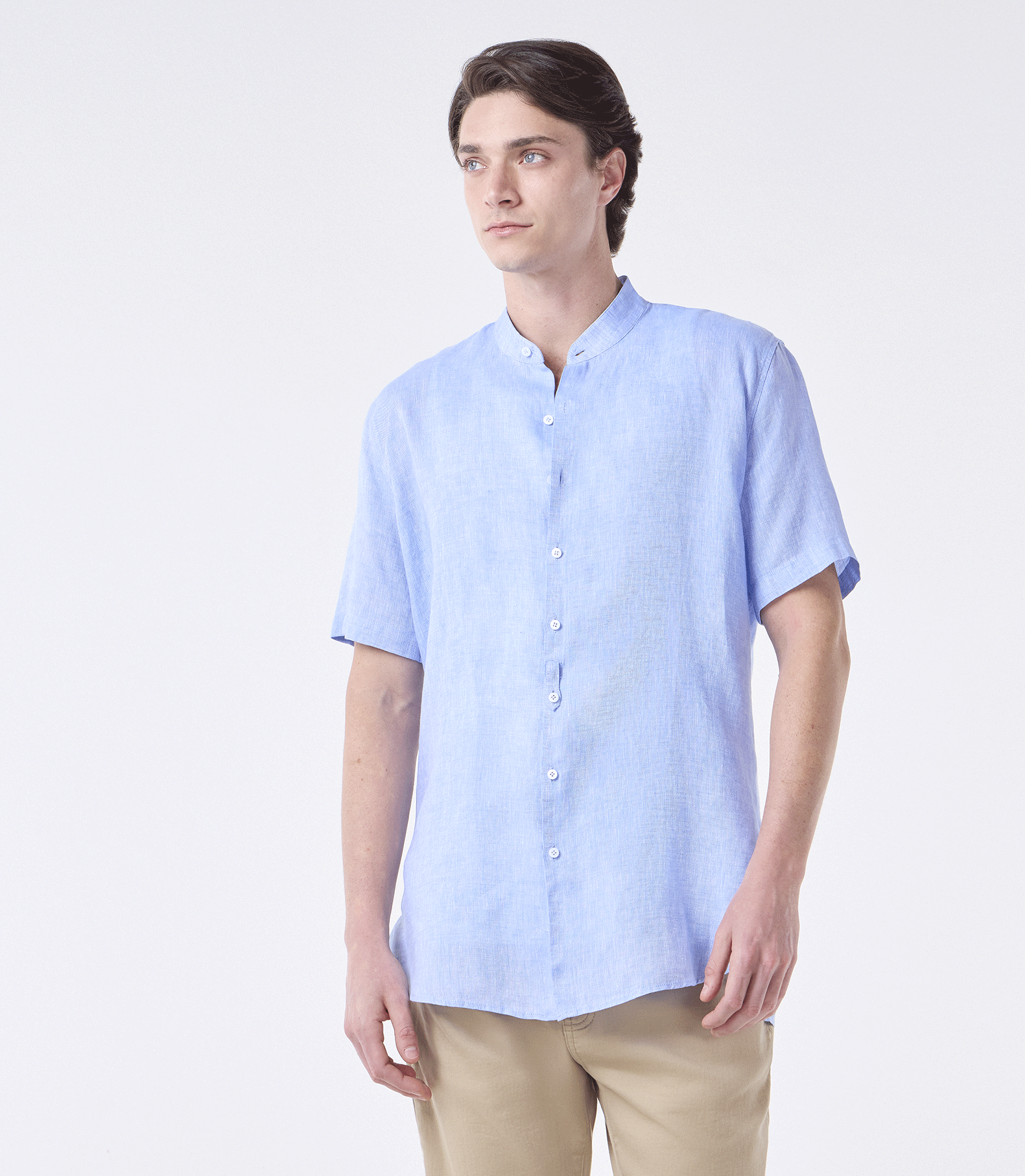 Camisa Linho Gola Mao MC Azul