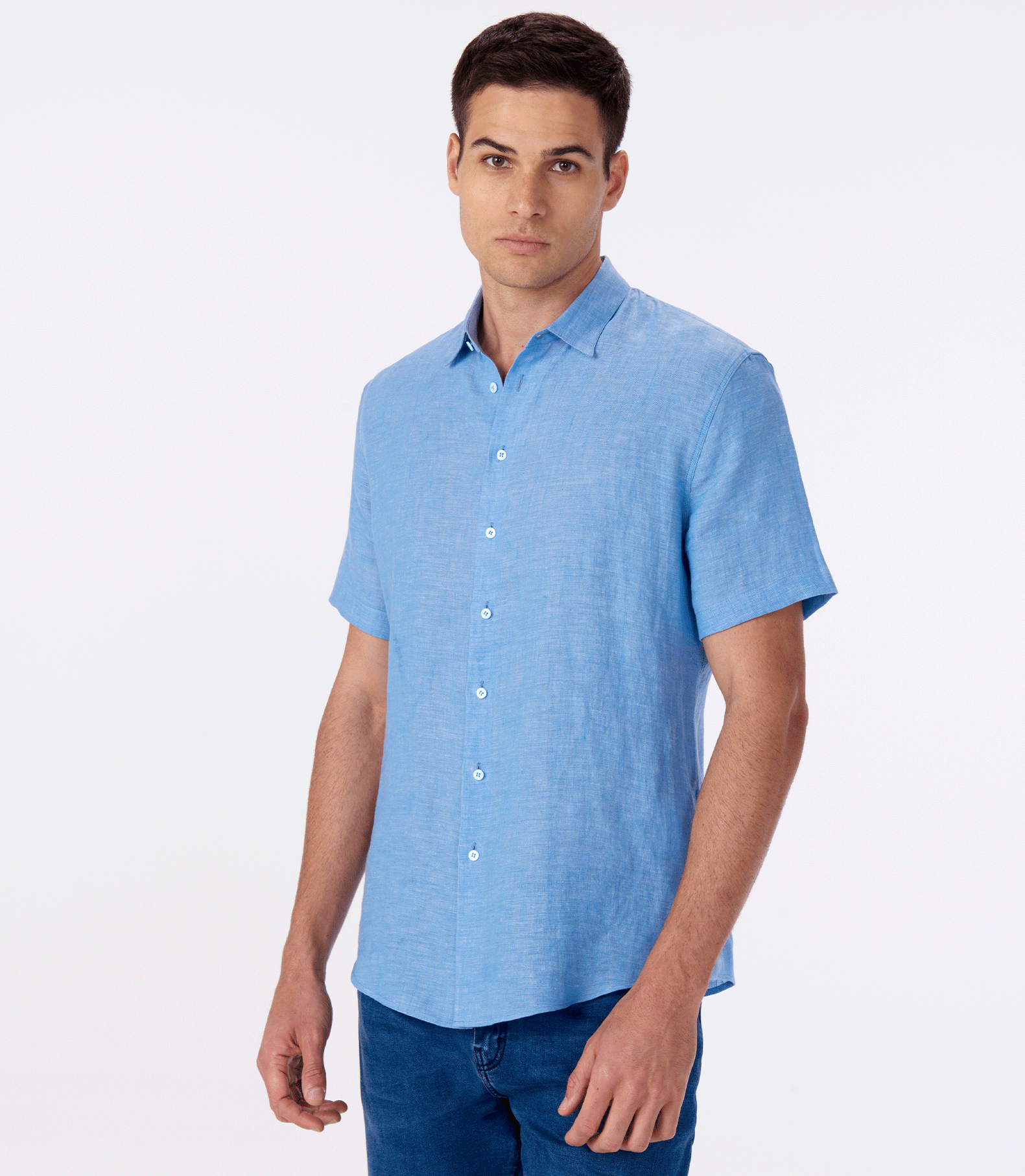 Camisa de Linho Manga Curta Azul