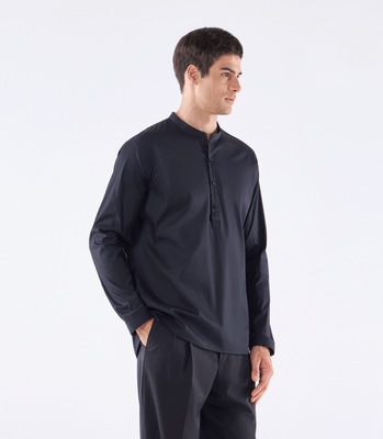 Camisa Gola Mao Vista Alongada Algodão Preto thumbnail 1