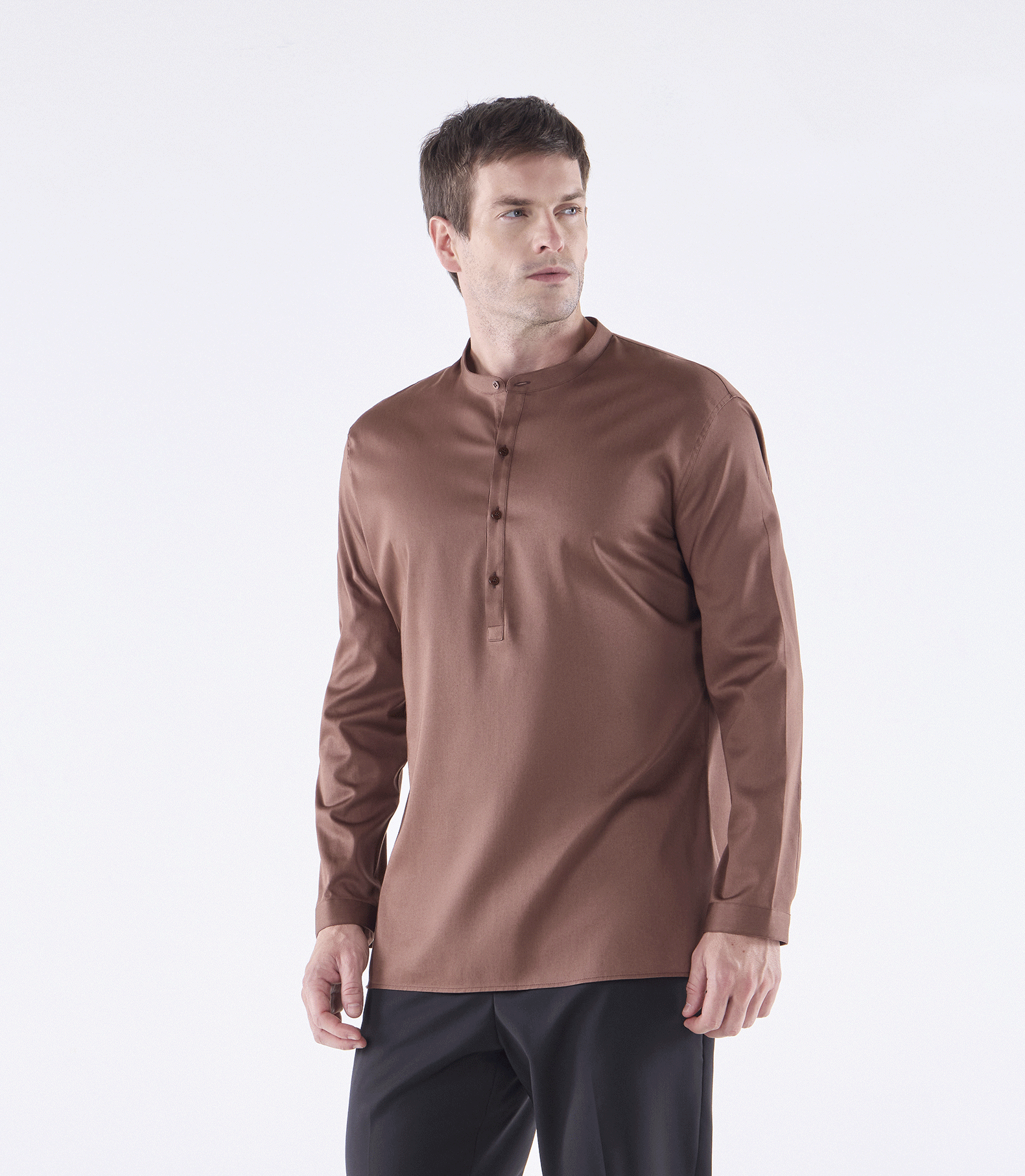 Camisa Gola Mao Vista Alongada Algodão Marrom