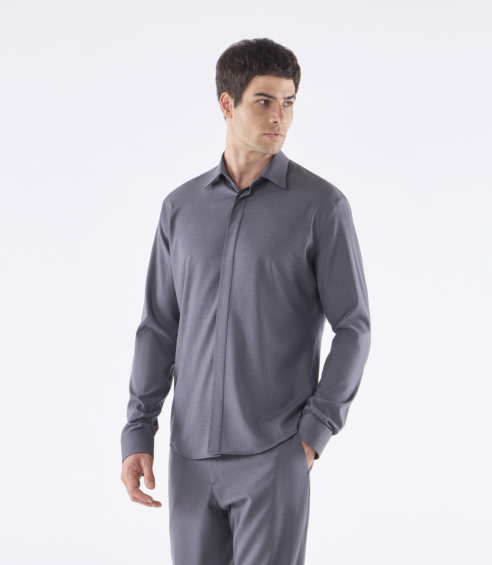 Camisa de Alfaiataria Social Vista Coberta Lã Seda Cinza