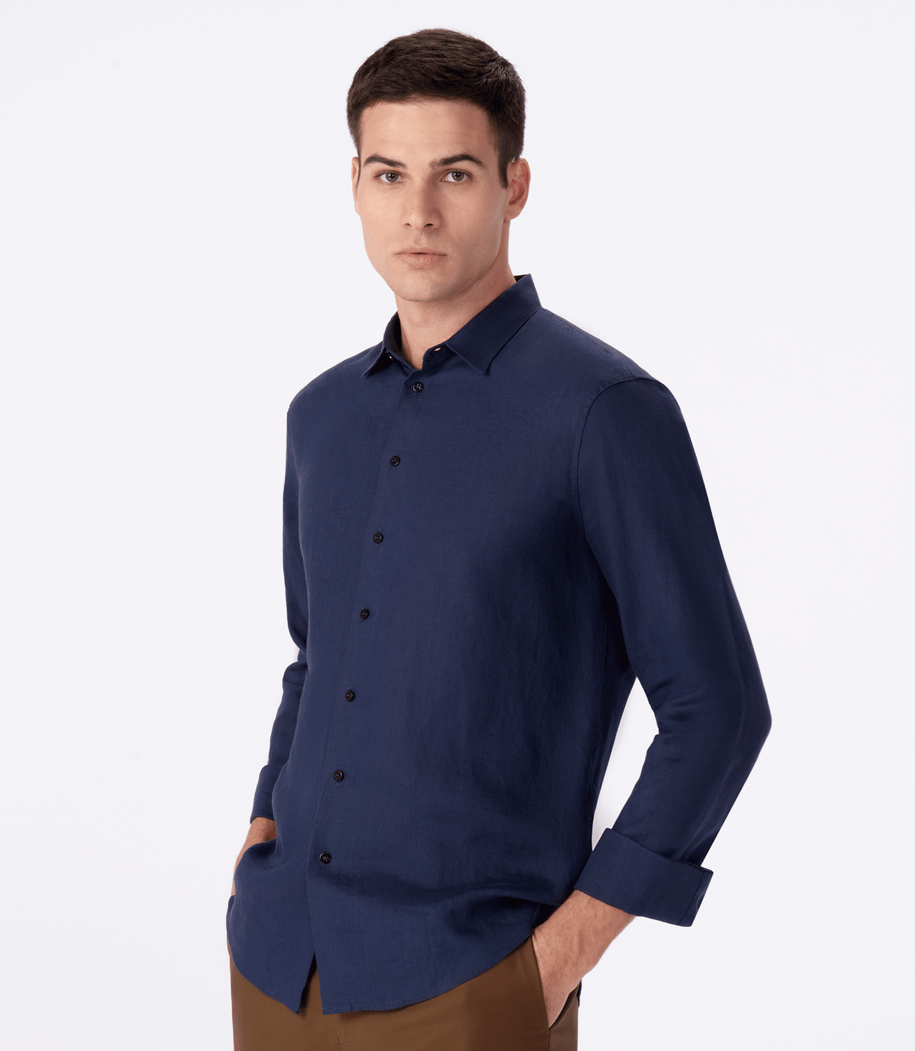 Camisa de Linho Básica Manga Longa Azul – slide 1