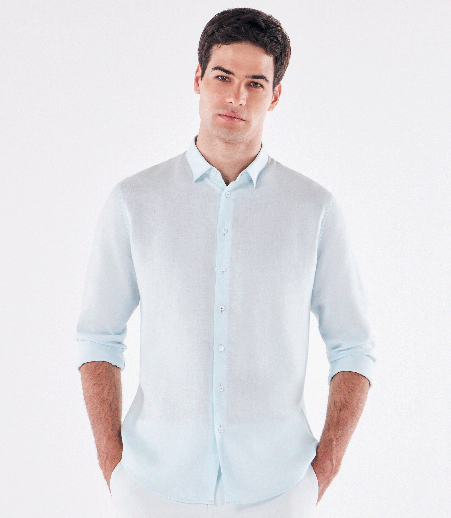 Camisa de Linho Básica Manga Longa Azul