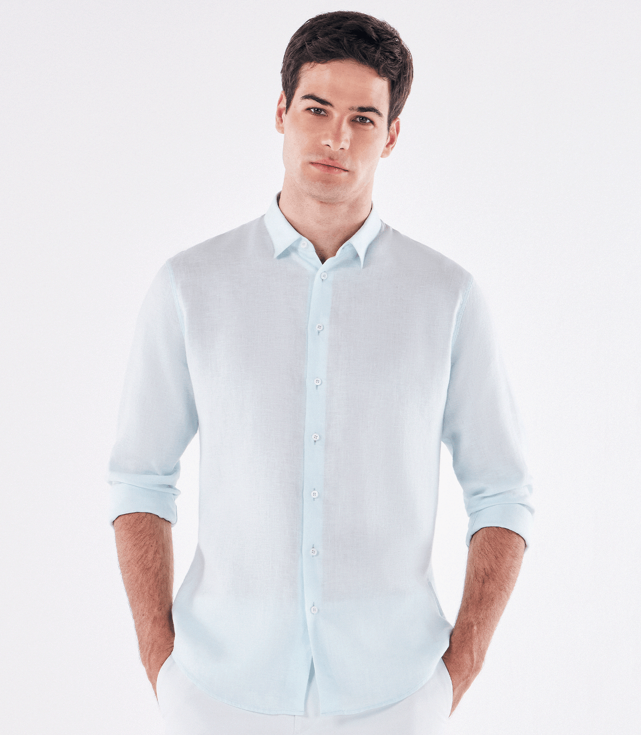 Camisa de Linho Básica Manga Longa Azul – slide 1