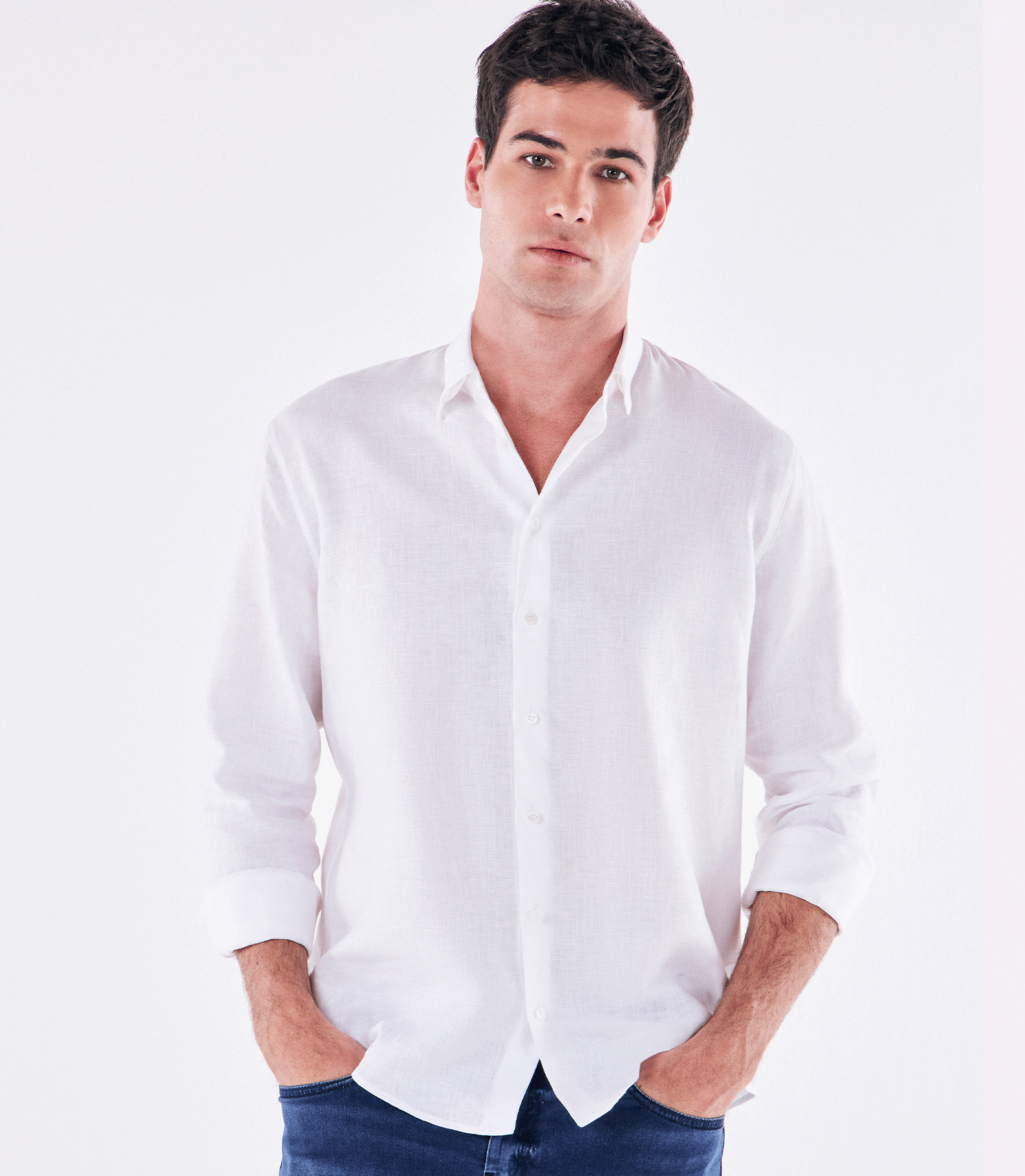 Camisa de Linho Básica Manga Longa Branco