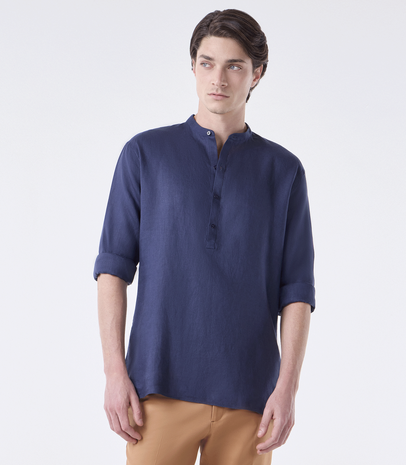 Camisa Linho Gola Mao Vista Alongada Azul