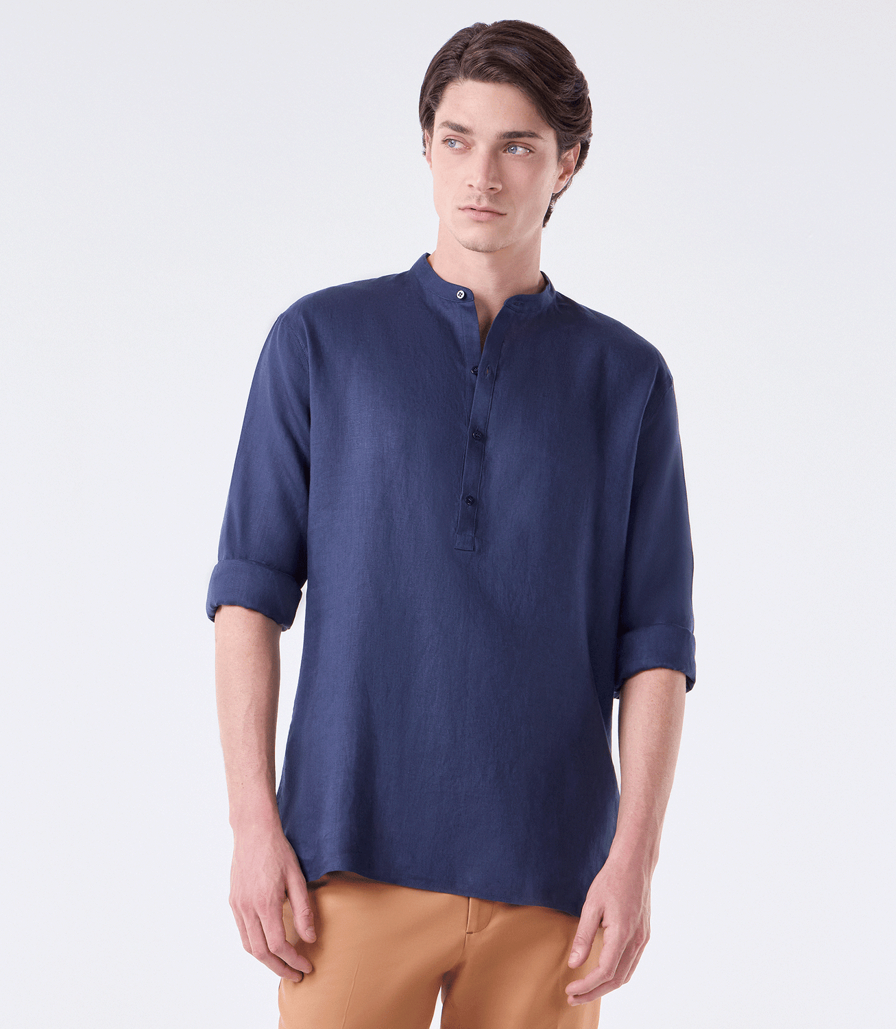 Camisa Linho Gola Mao Vista Alongada Azul – slide 1