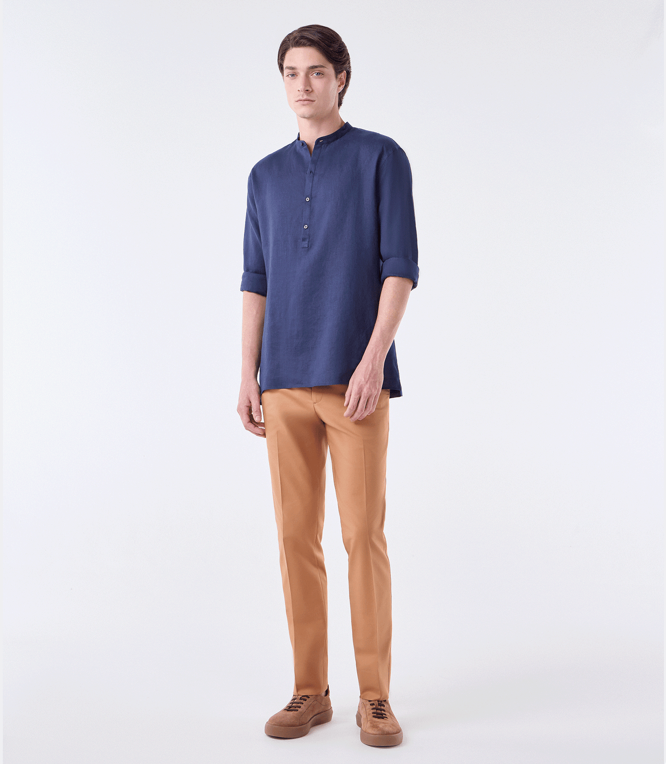 Camisa Linho Gola Mao Vista Alongada Azul – slide 2