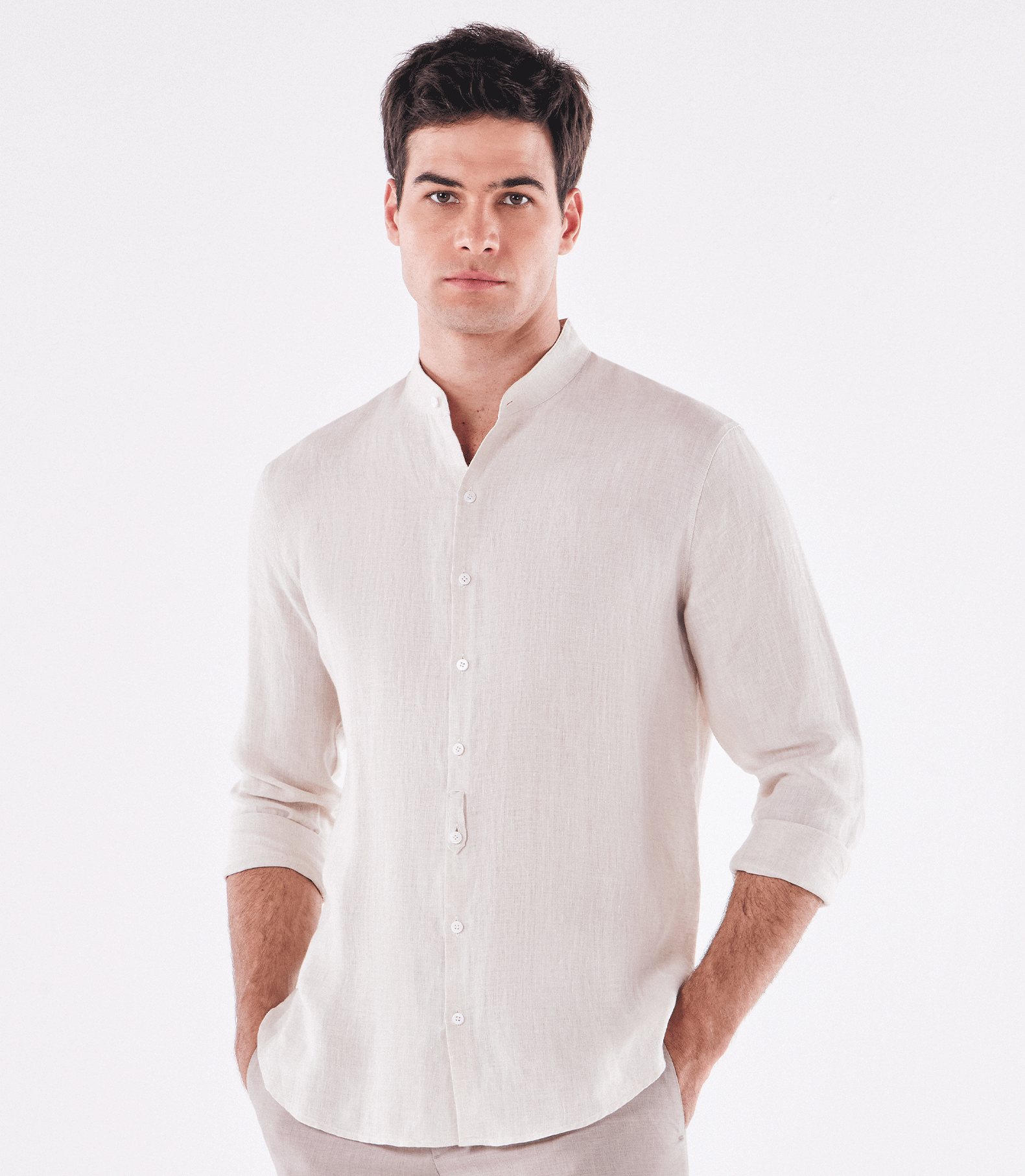 Camisa Linho Gola Mao Manga Longa Bege