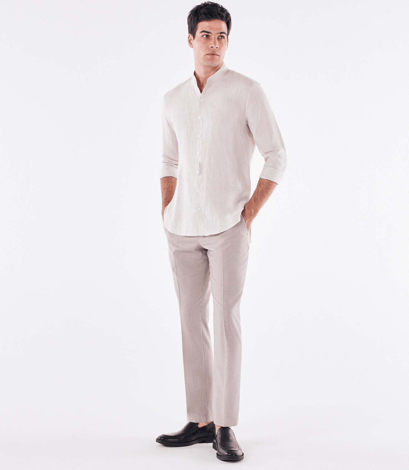 Camisa Linho Gola Mao Manga Longa Bege – slide 2