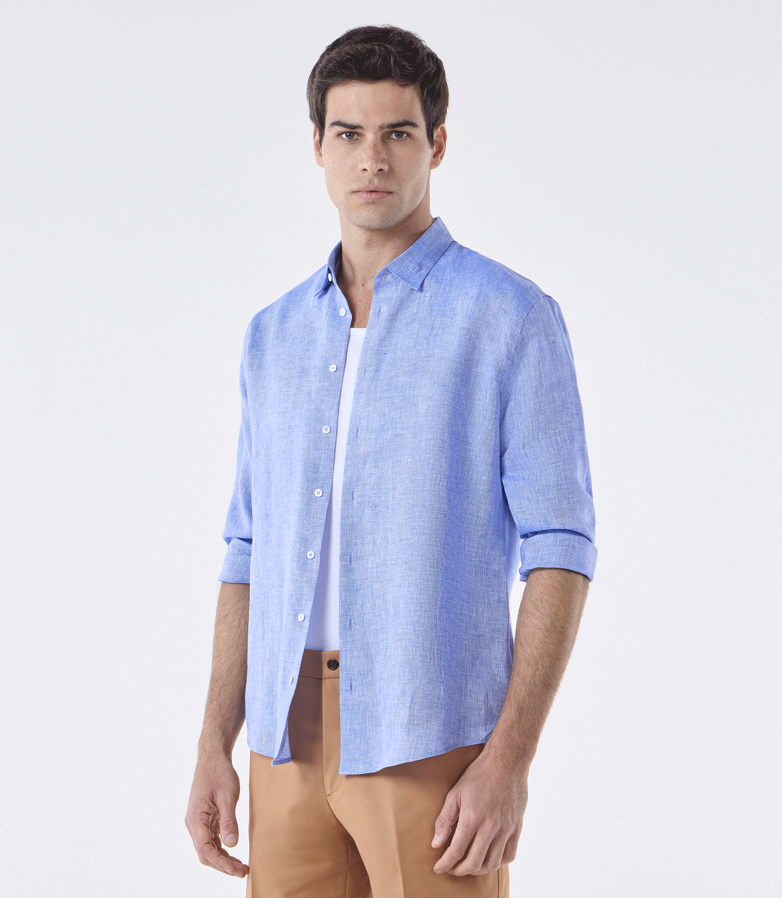 Camisa Linho Manga Longa Fio Tinto Azul