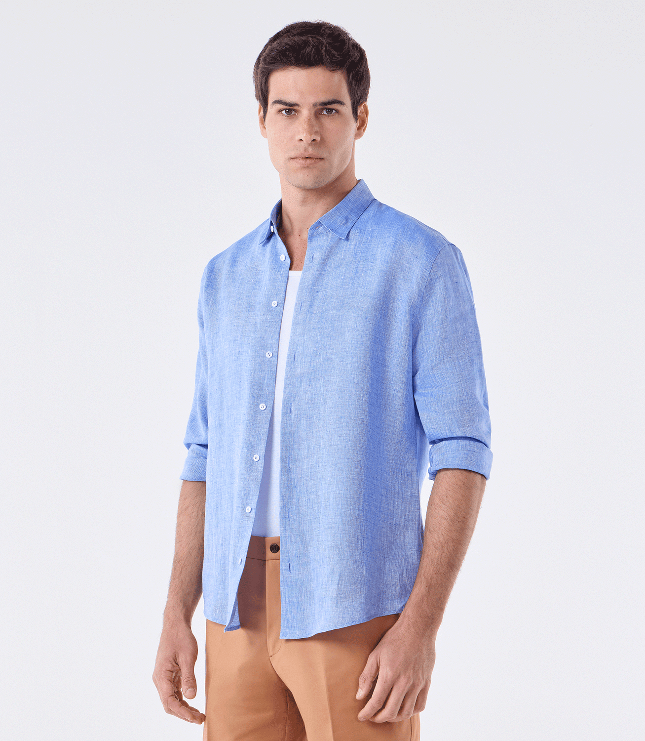 Camisa Linho Manga Longa Fio Tinto Azul – slide 1