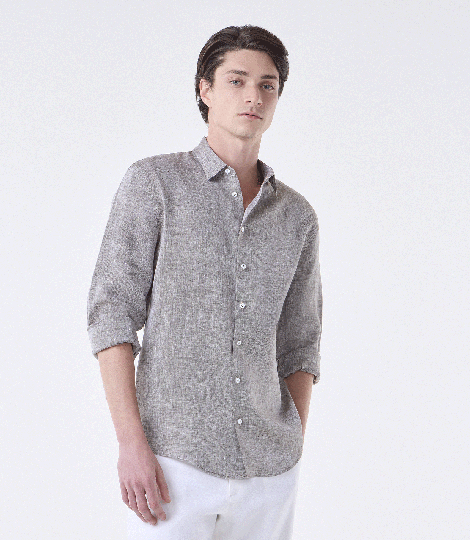 Camisa Linho Manga Longa Fio Tinto Marrom