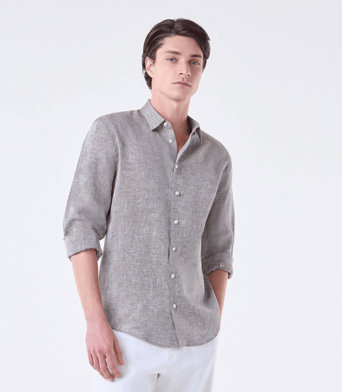 Camisa Linho Manga Longa Fio Tinto Marrom – slide 1