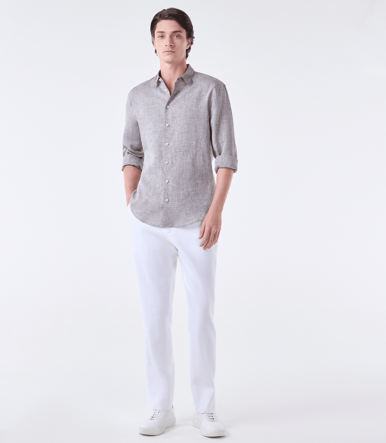 Camisa Linho Manga Longa Fio Tinto Marrom – slide 2