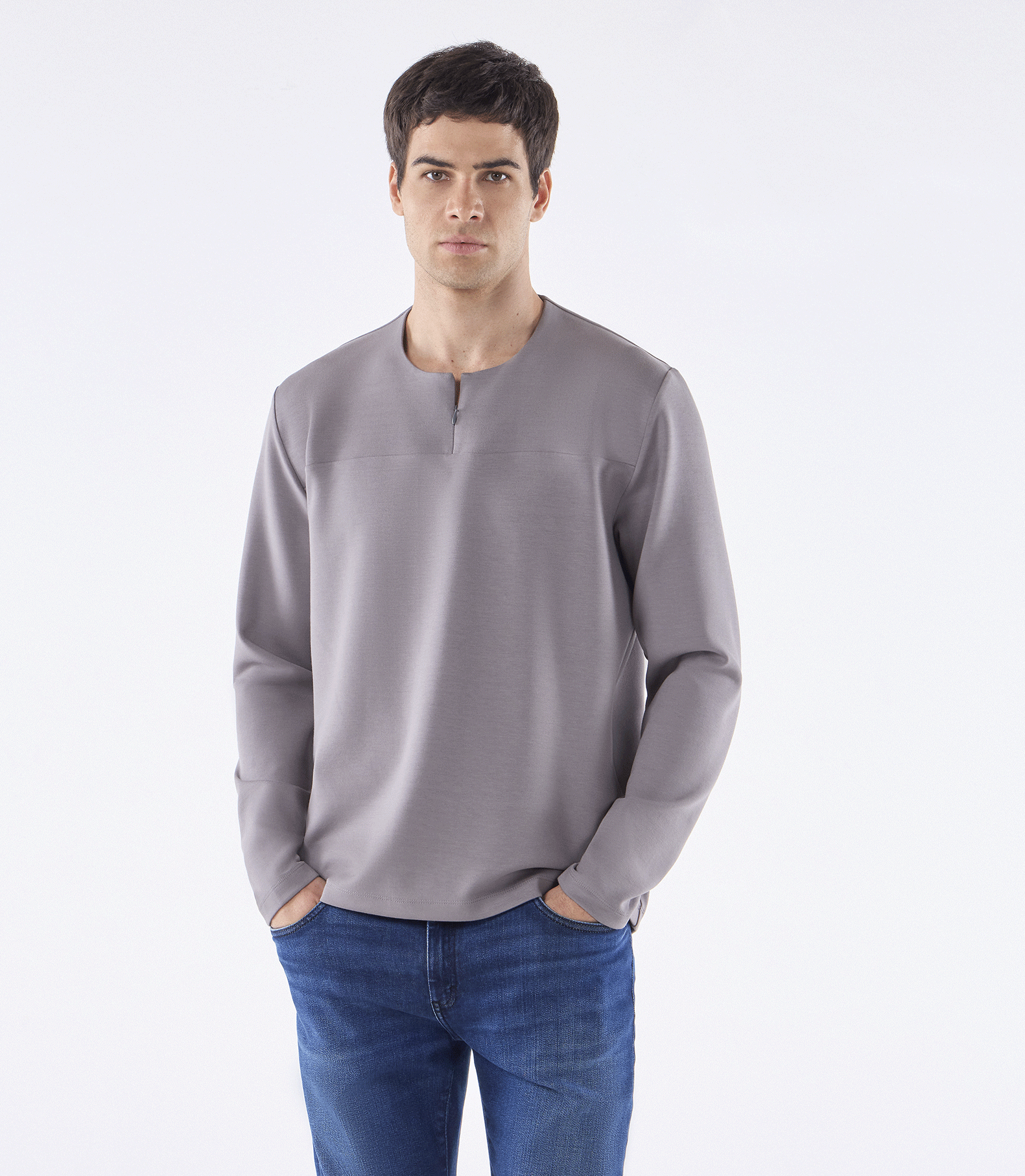 Camiseta Manga Longa Zíper Invisível Frontal Cinza