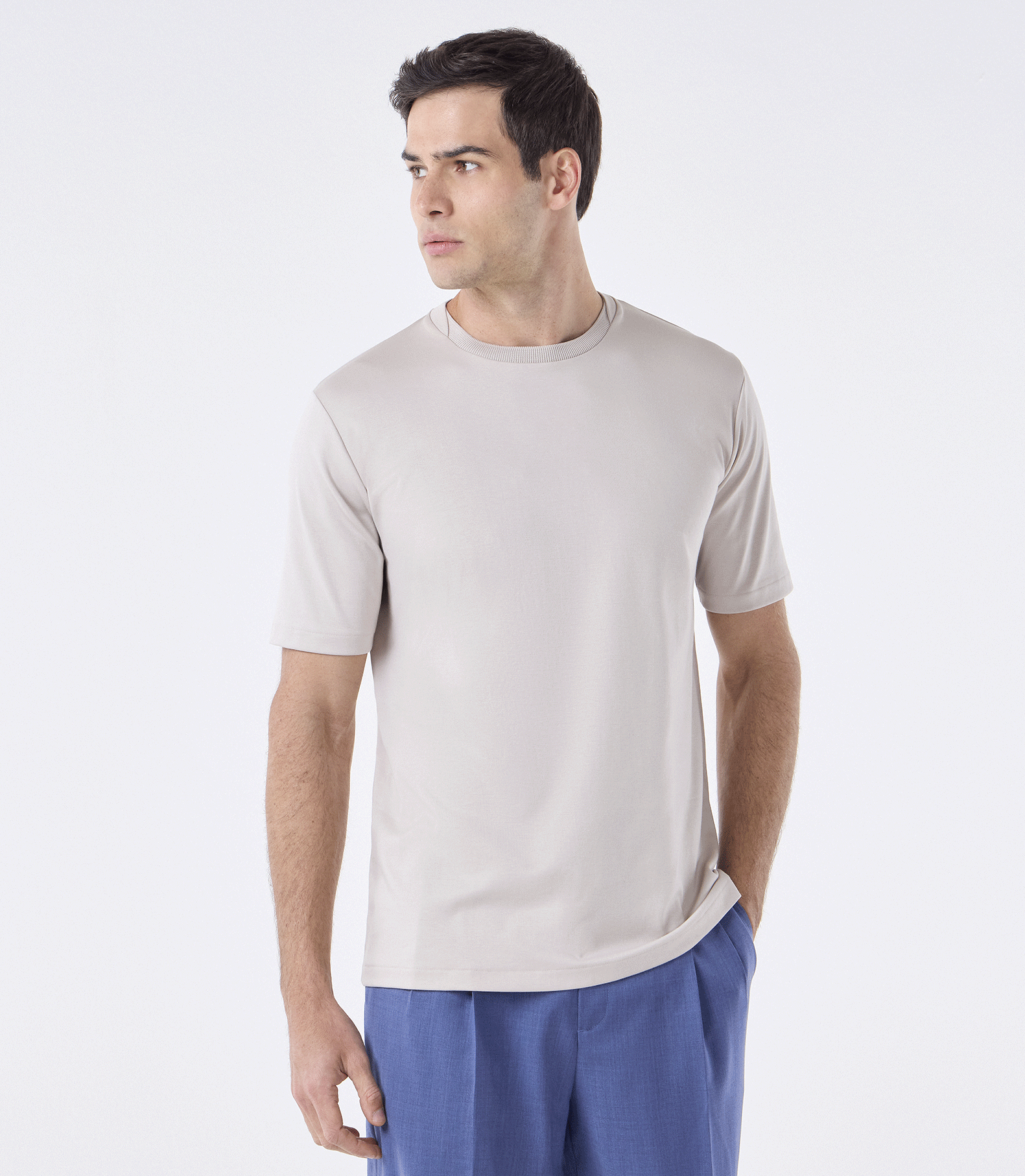 Camiseta Interloque com Gola Sobreposta Bege