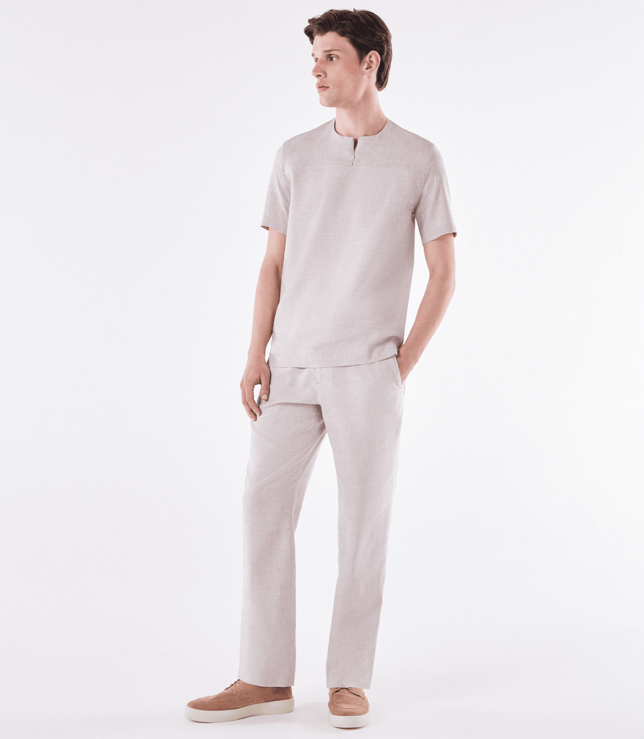 Camiseta Zíper Linho Stretch Bege – slide 2