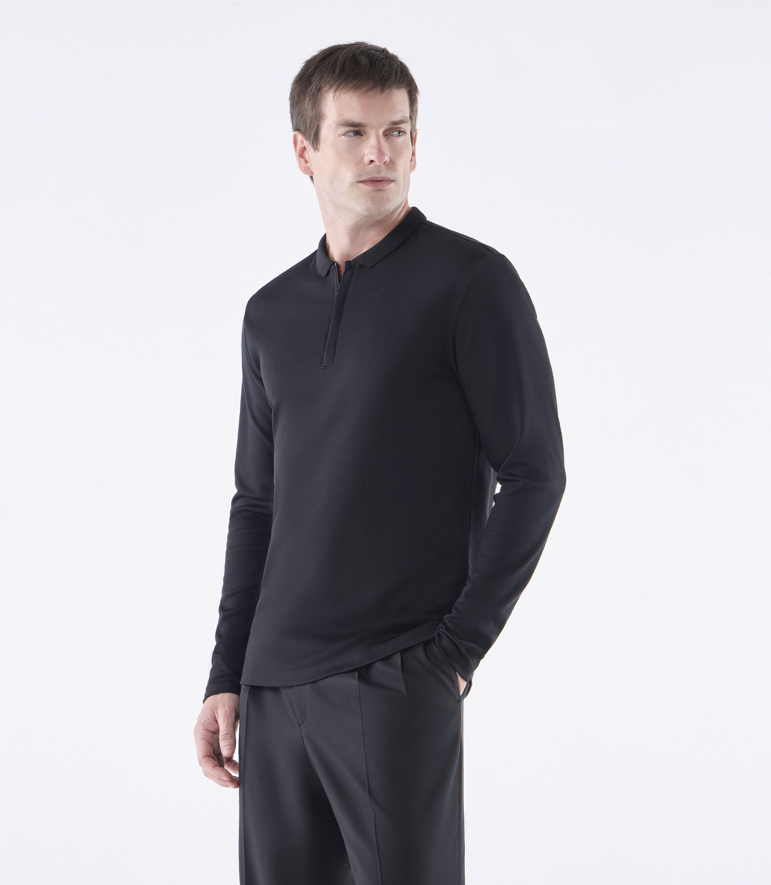 Camisa Polo Pima Zíper Manga Longa Preto
