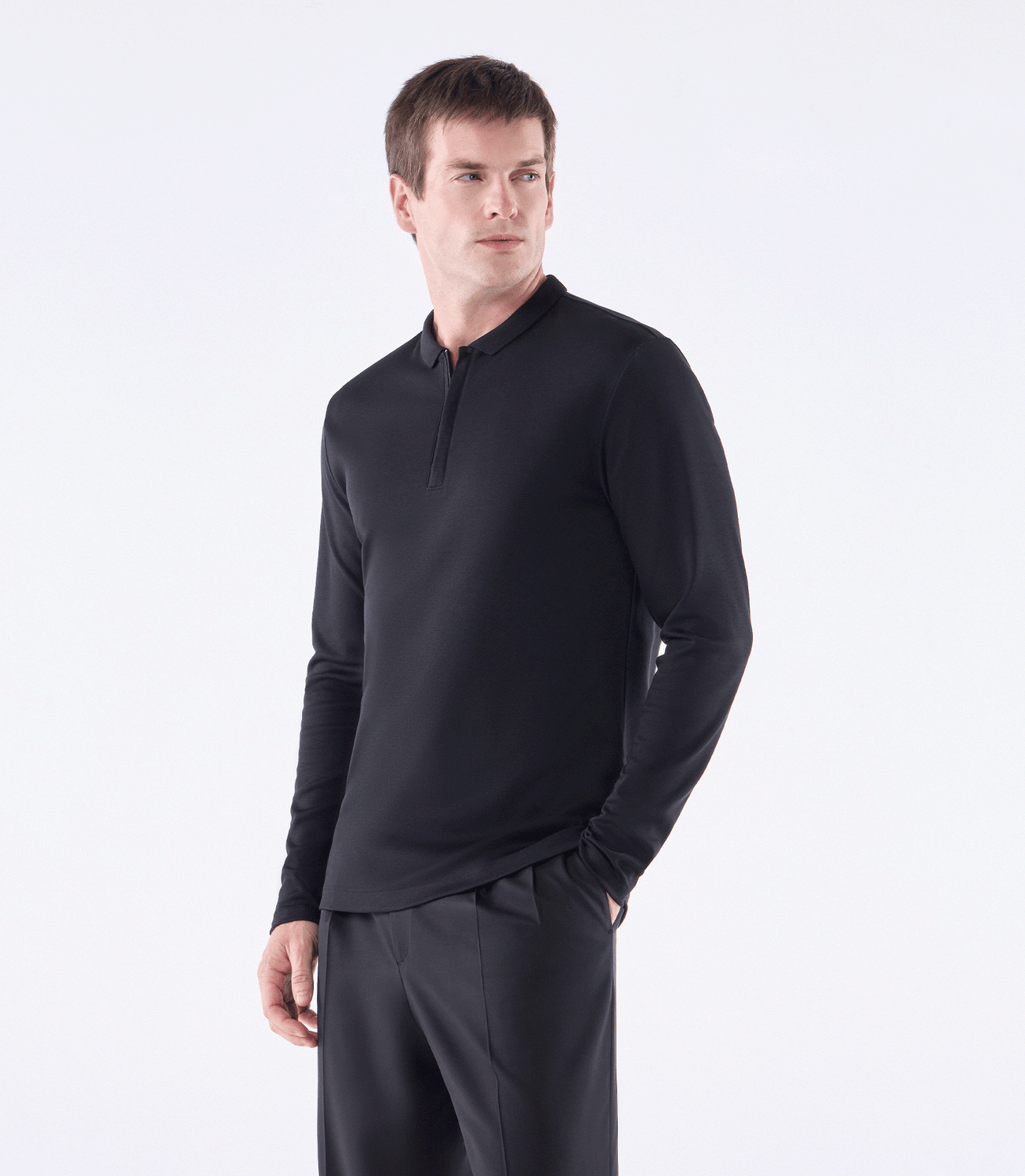 Camisa Polo Pima Zíper Manga Longa Preto – slide 1
