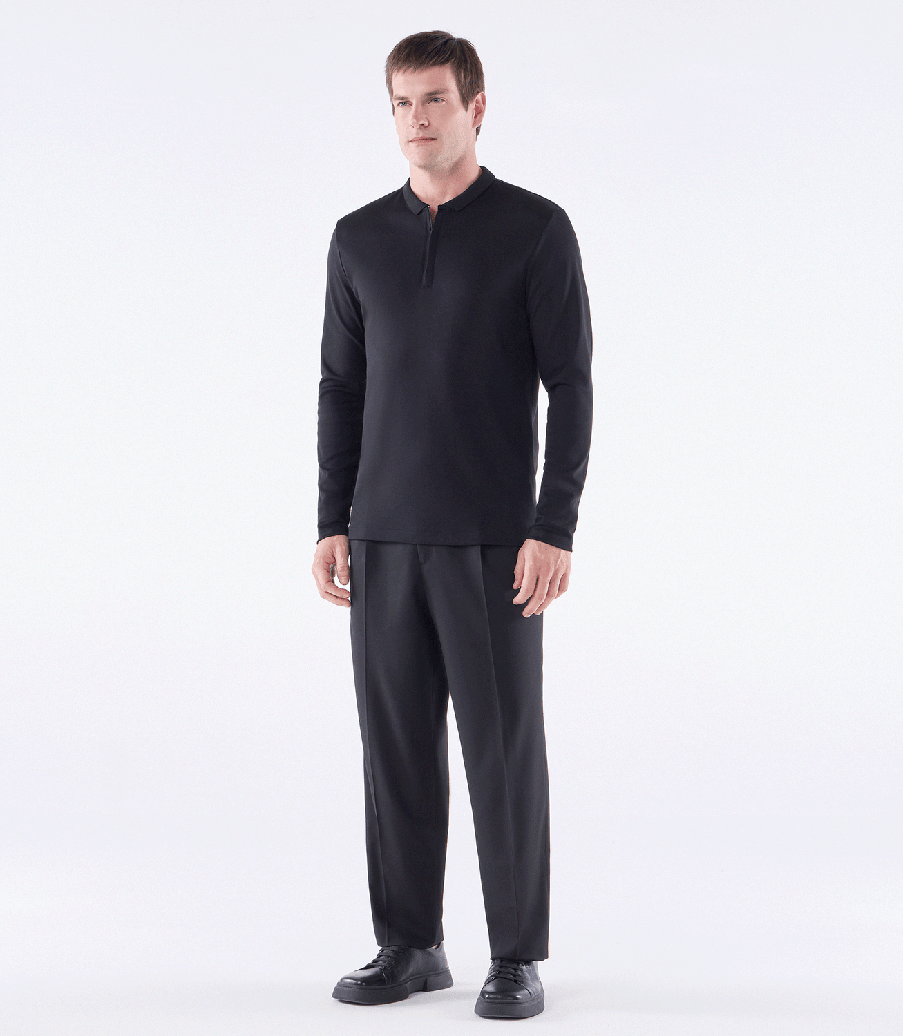 Camisa Polo Pima Zíper Manga Longa Preto – slide 2