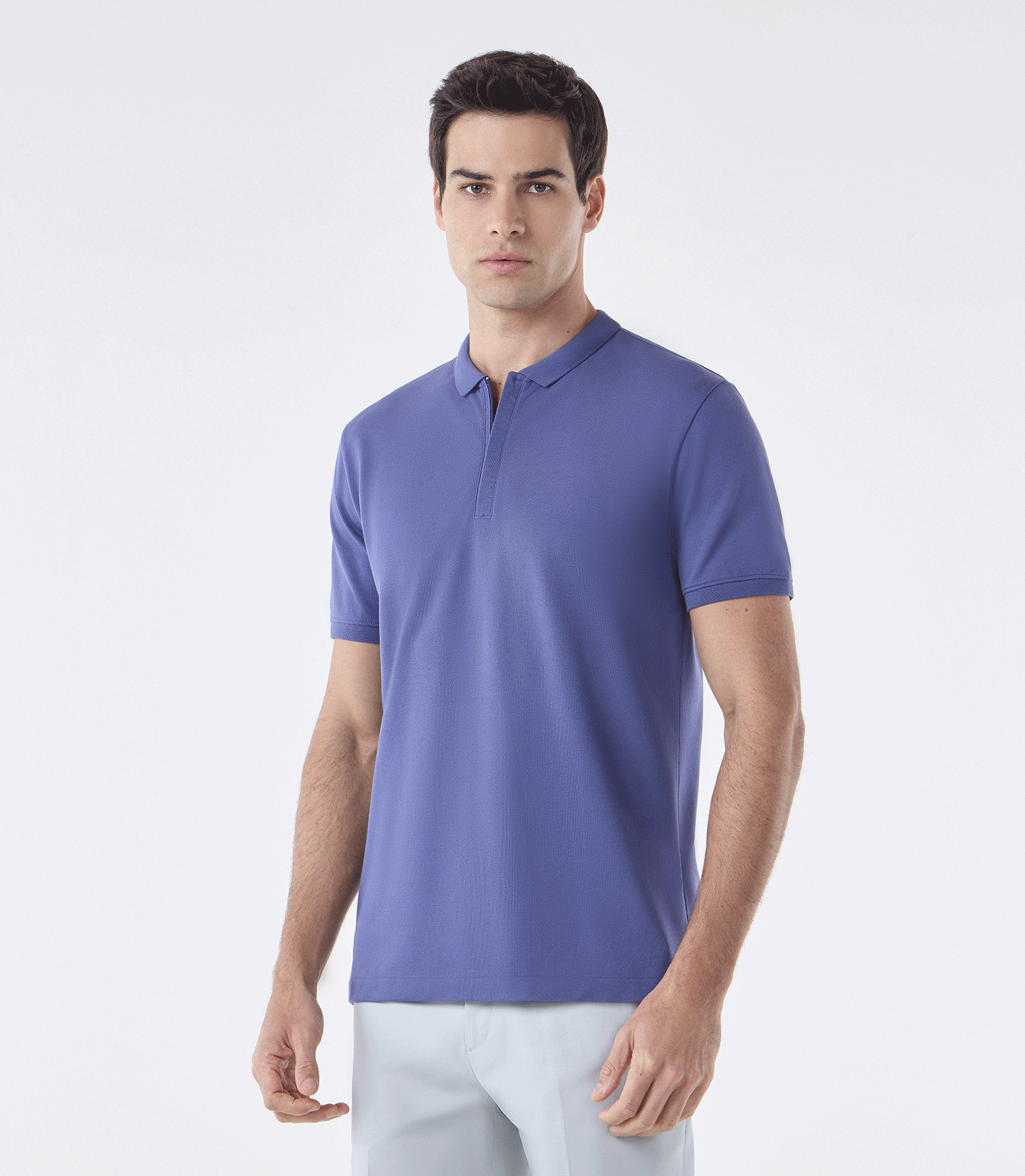 Polo Pima Zíper Gola Estreita Azul