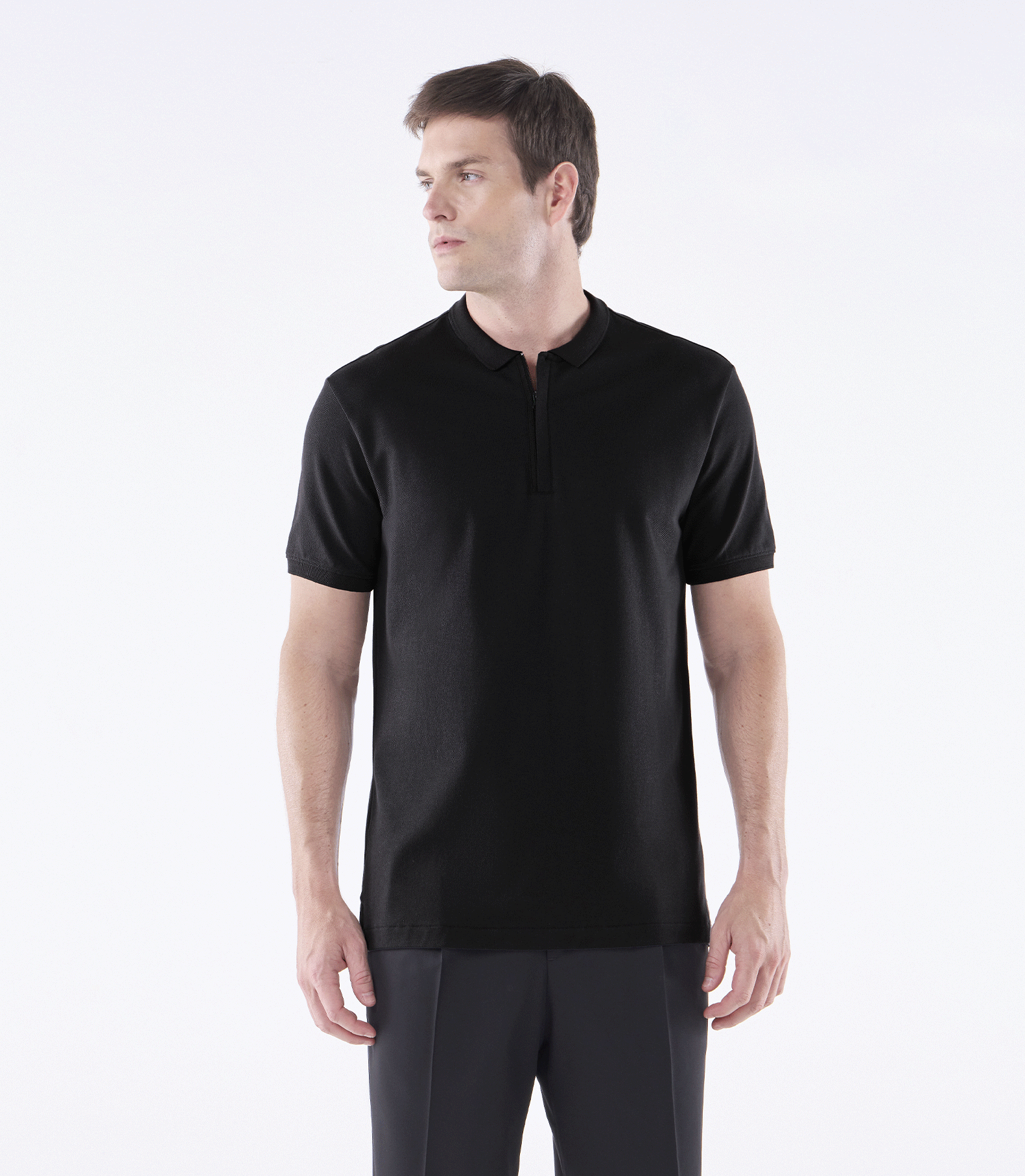 Camisa Polo Pima Zíper Gola Estreita Preto