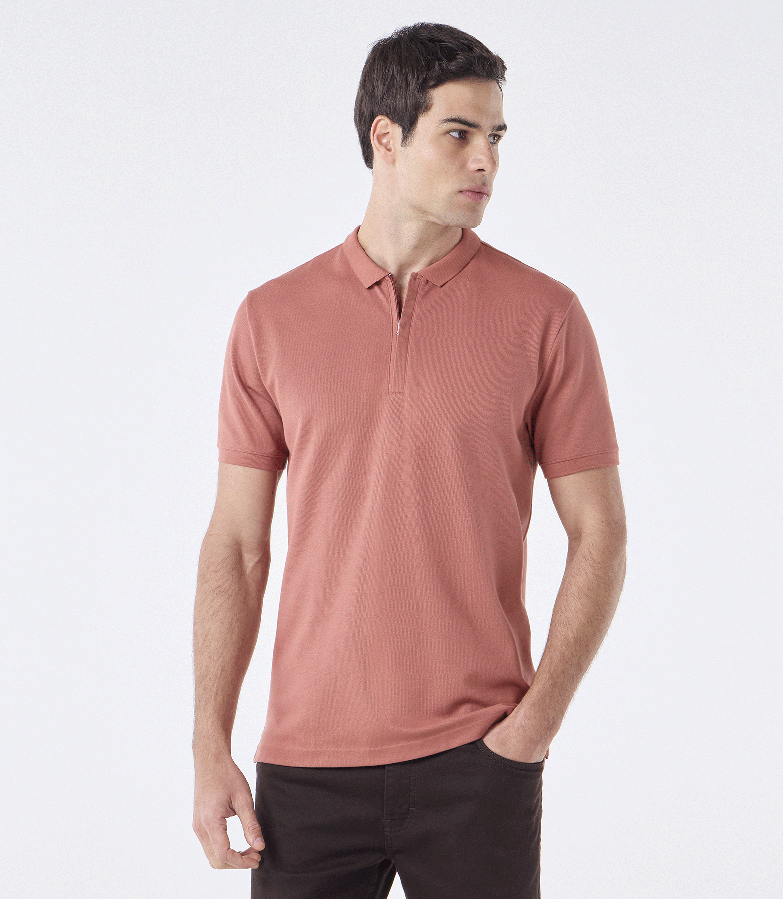 Polo Pima Zíper Gola Estreita Marrom