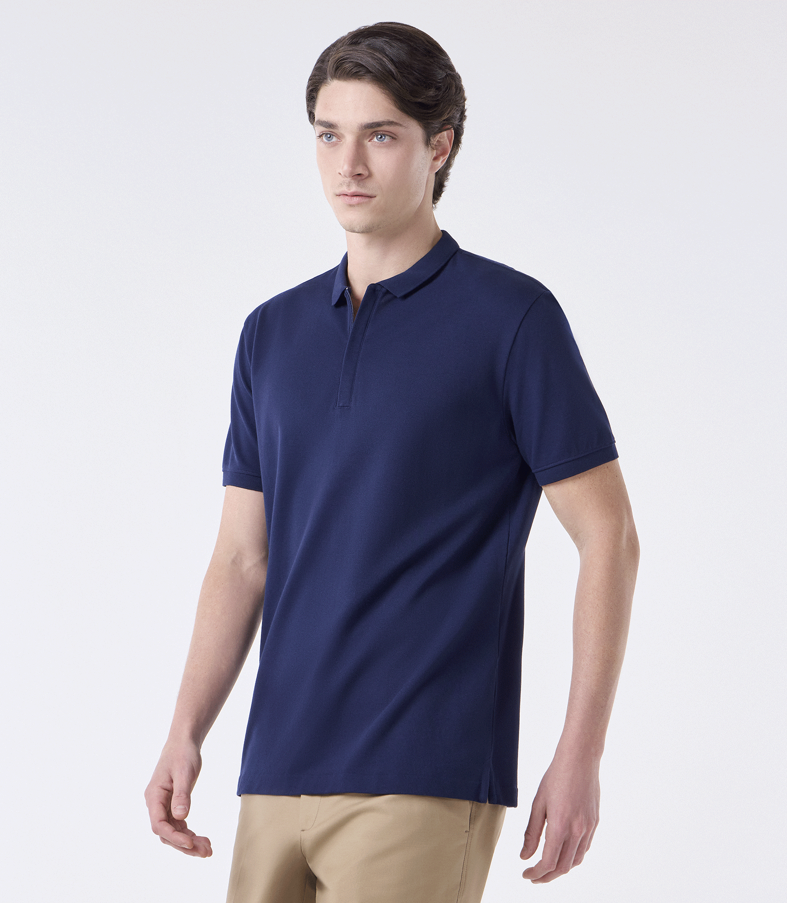 Polo Pima Zíper Gola Estreita Azul