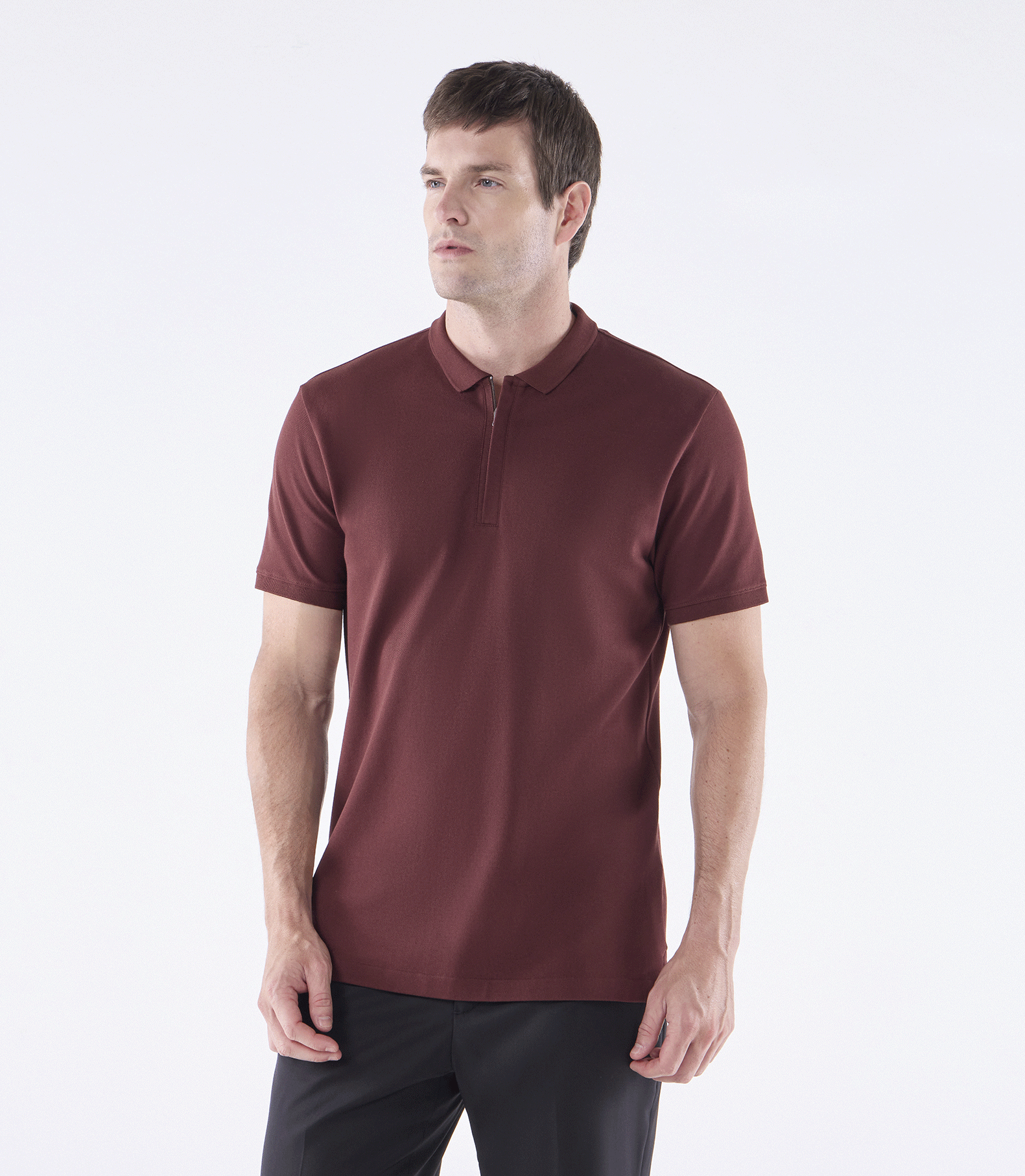 Camisa Polo Pima Zíper Gola Estreita Marrom