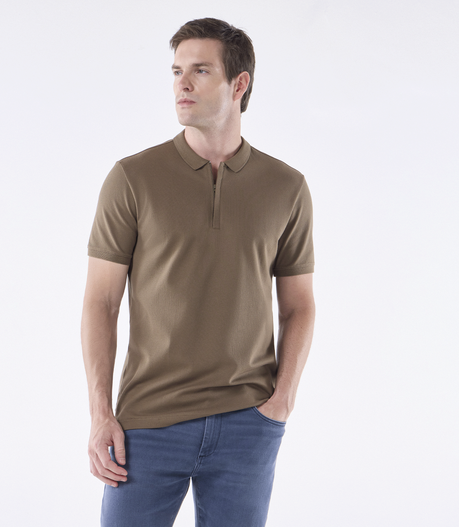 Camisa Polo Pima Zíper Gola Estreita Marrom