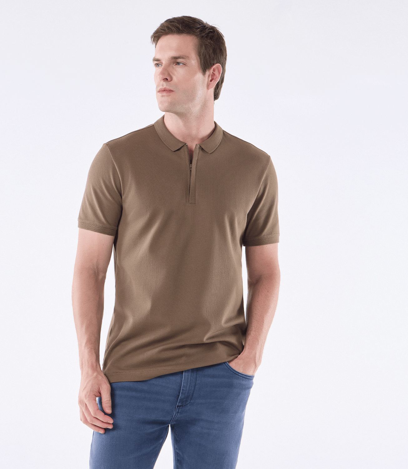Camisa Polo Pima Zíper Gola Estreita Marrom – slide 1