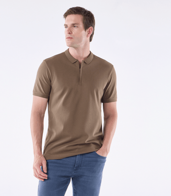 Camisa Polo Pima Zíper Gola Estreita Marrom thumbnail 1