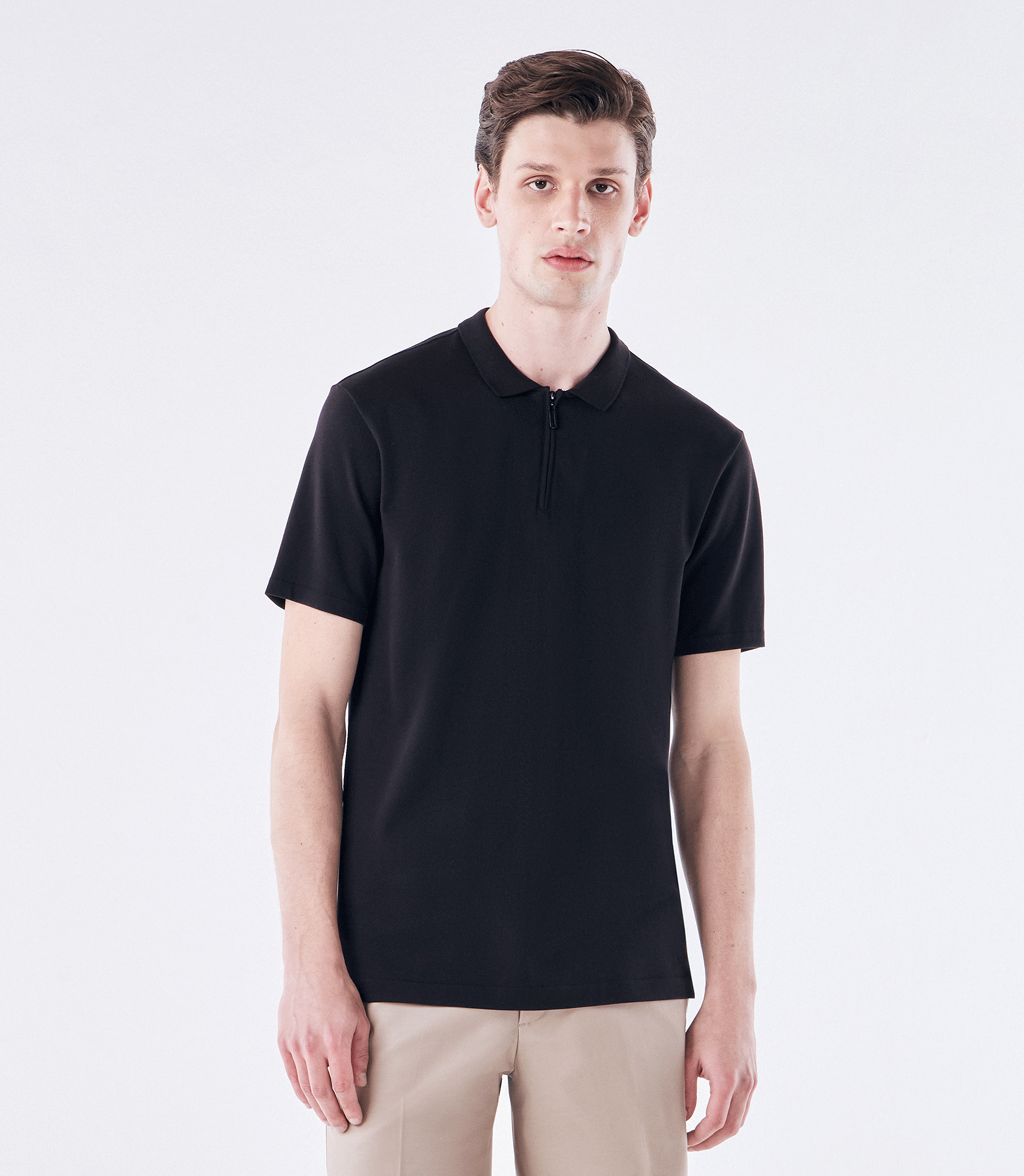 Polo Pima Gola Estreita Zíper Preto