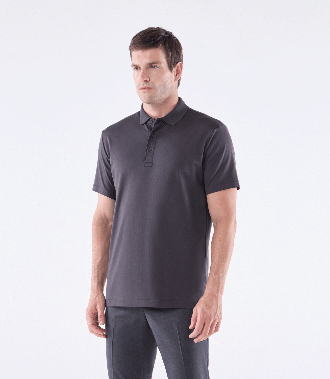 Camisa Polo Interloque Fio 140 Três Botões Cinza – slide 1
