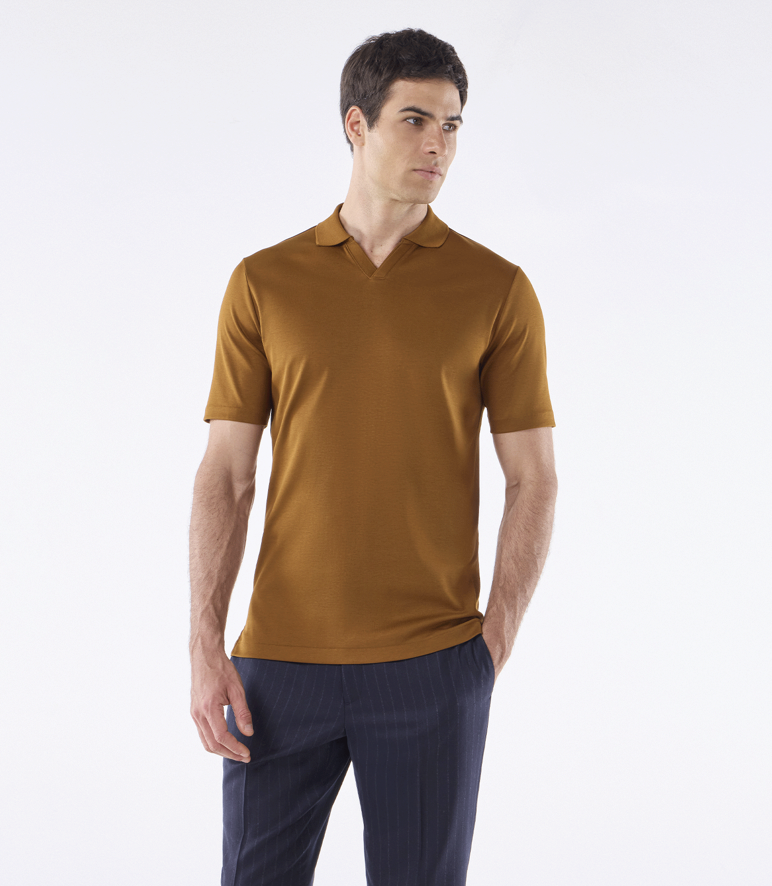 Camisa Polo Interloque 44/1 Gola V Dupla Marrom