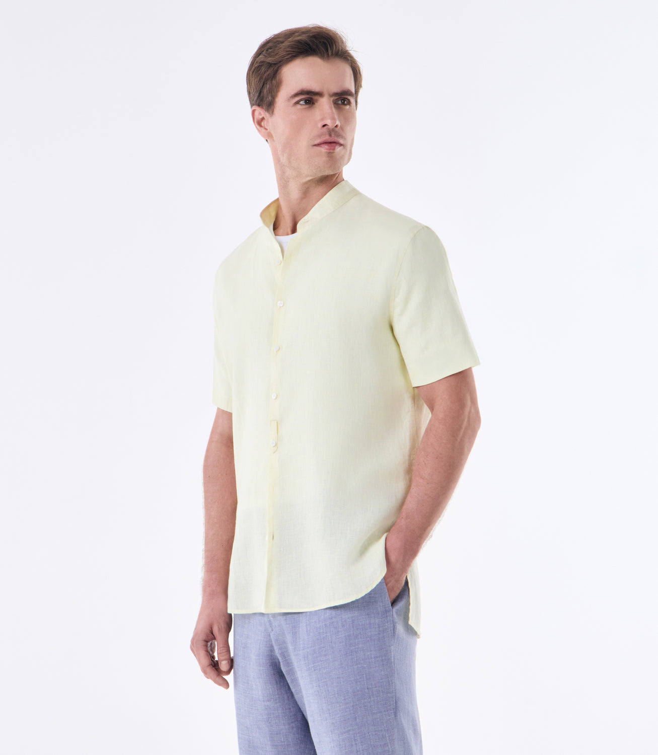 Camisa de Linho Fio Tinto Gola Mao Manga Curta Amarelo – slide 1