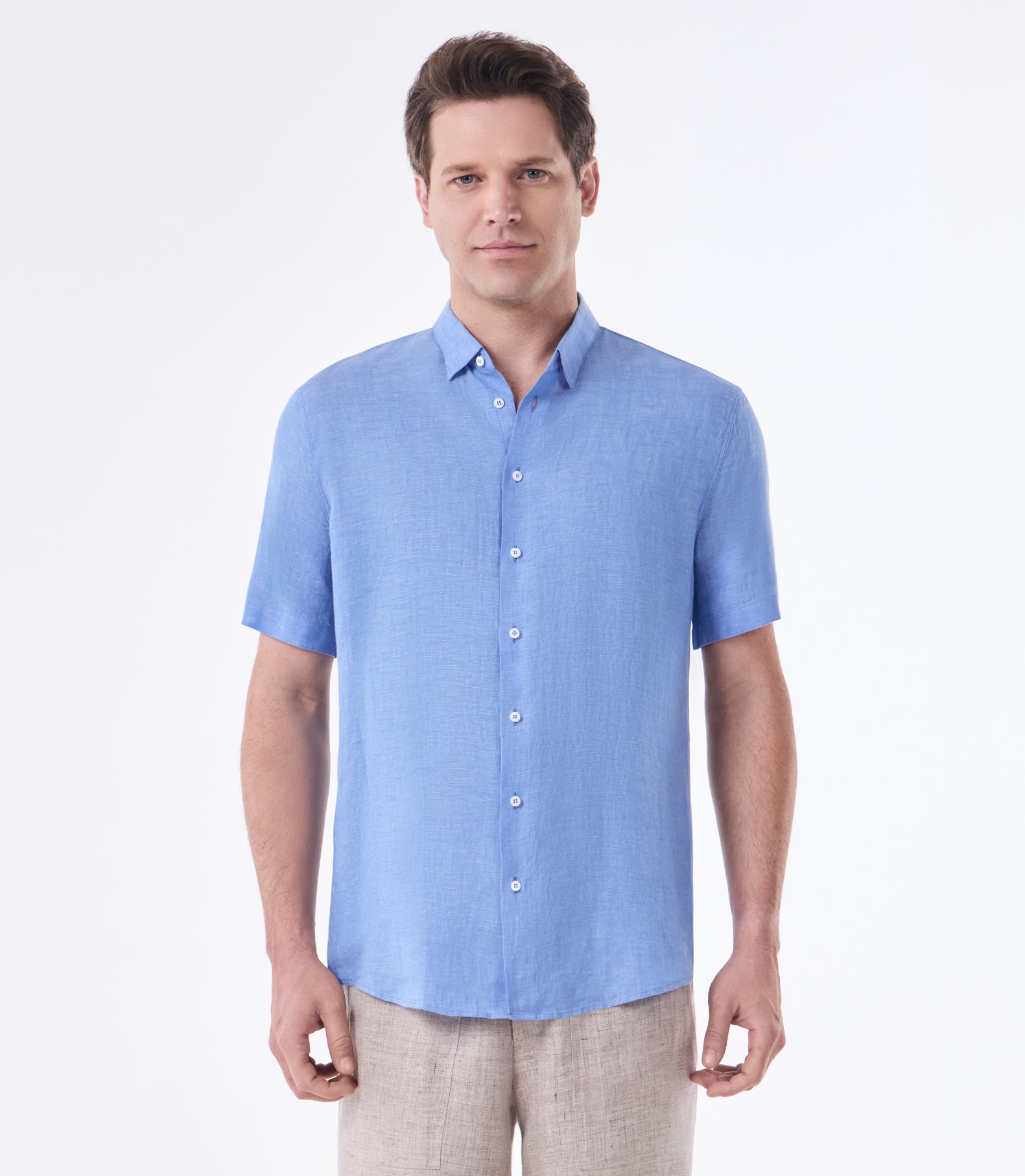 Camisa de Linho Básica Manga Curta Azul