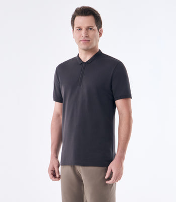 Camisa Polo Pima Zíper Gola Estreita Cinza thumbnail 1
