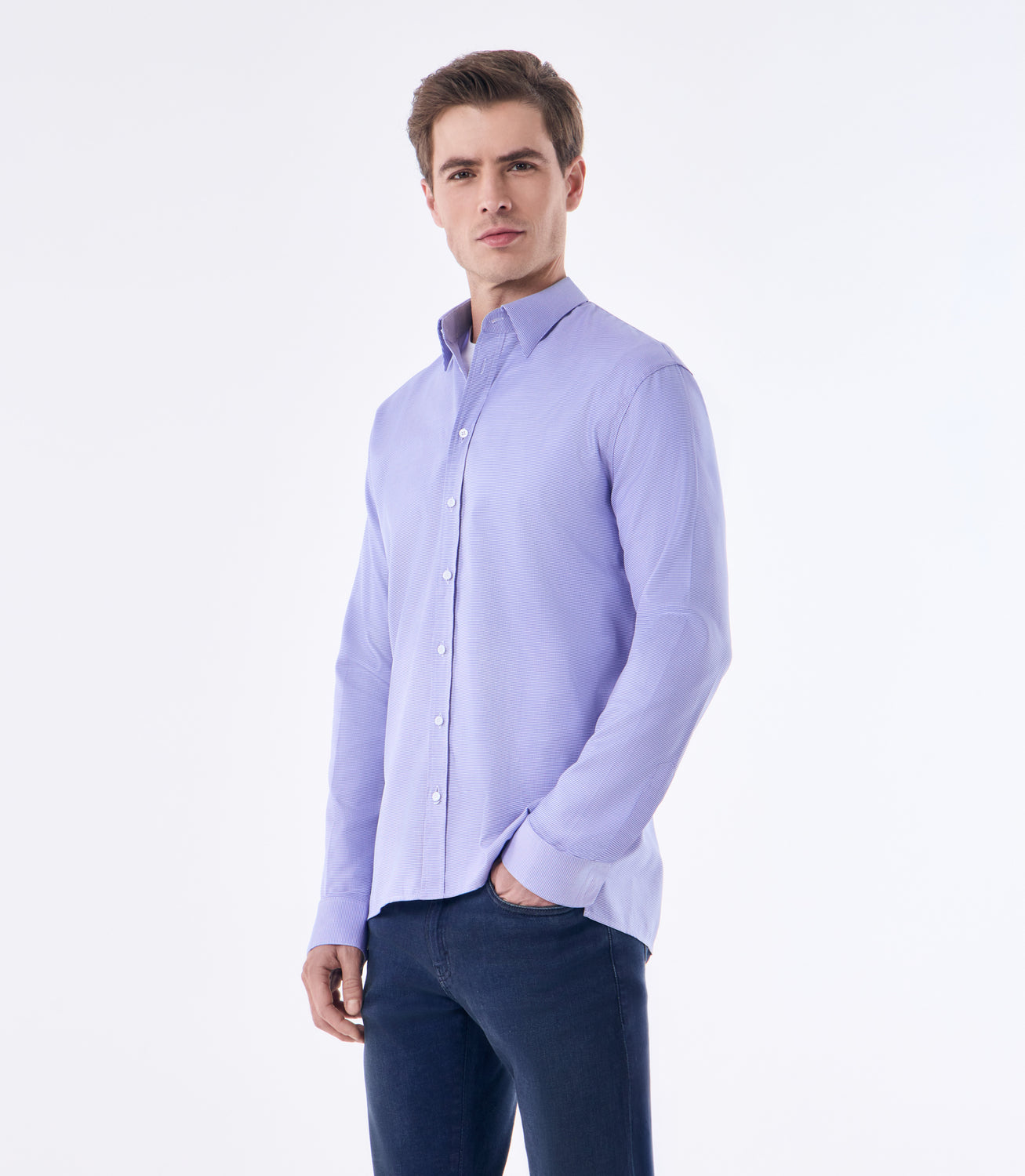 Camisa Masculina Oxford Manga Longa Microdesenho Azul – slide 1